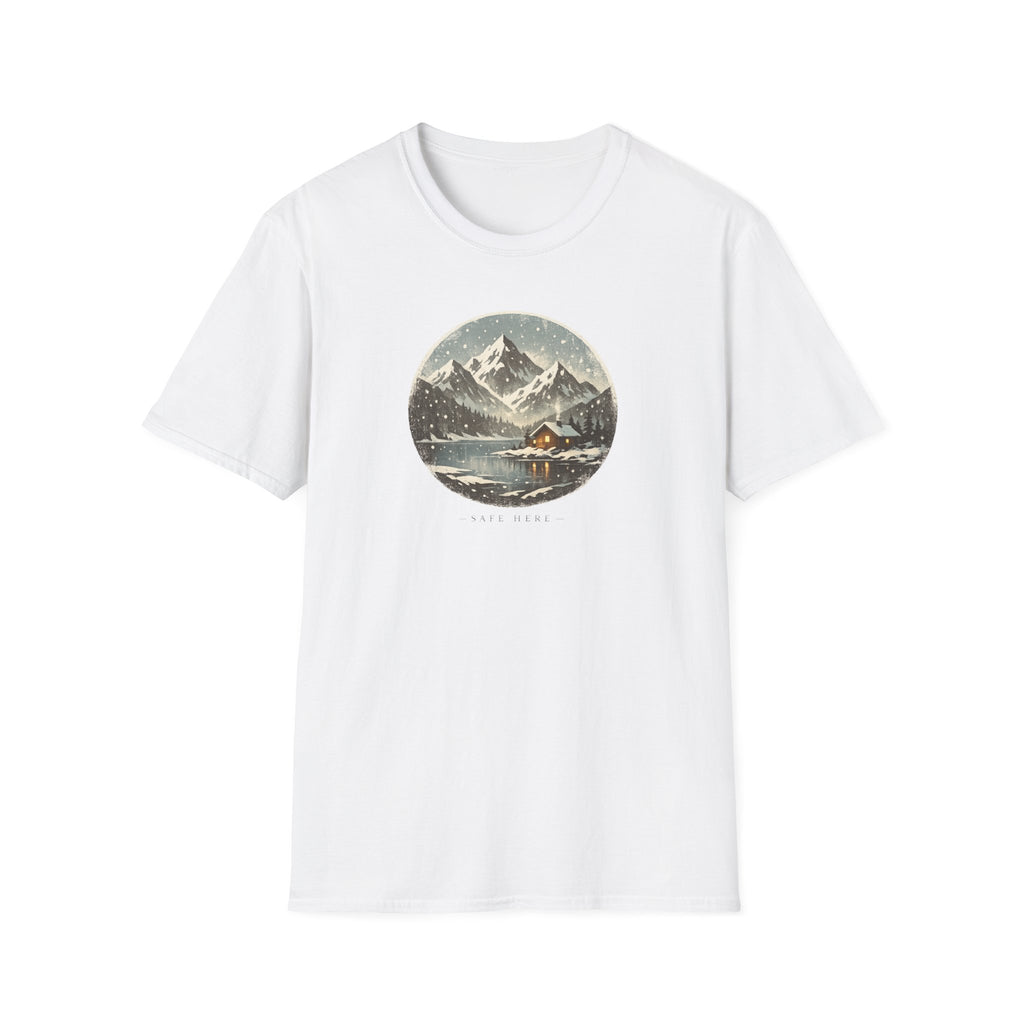 'Safe Here' Cozy Mountain Cabin Snowfall T-Shirt