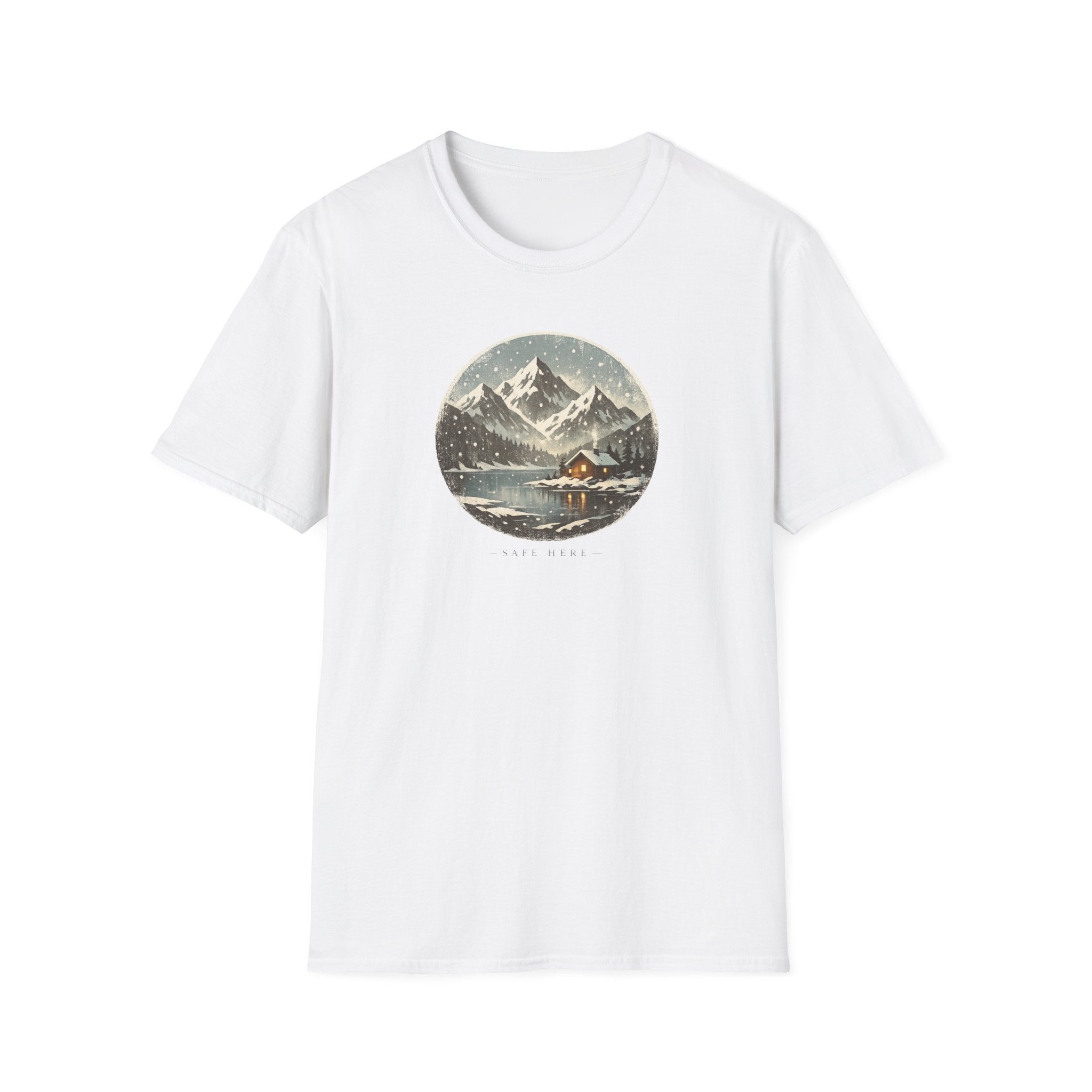 'Safe Here' Cozy Mountain Cabin Snowfall T-Shirt