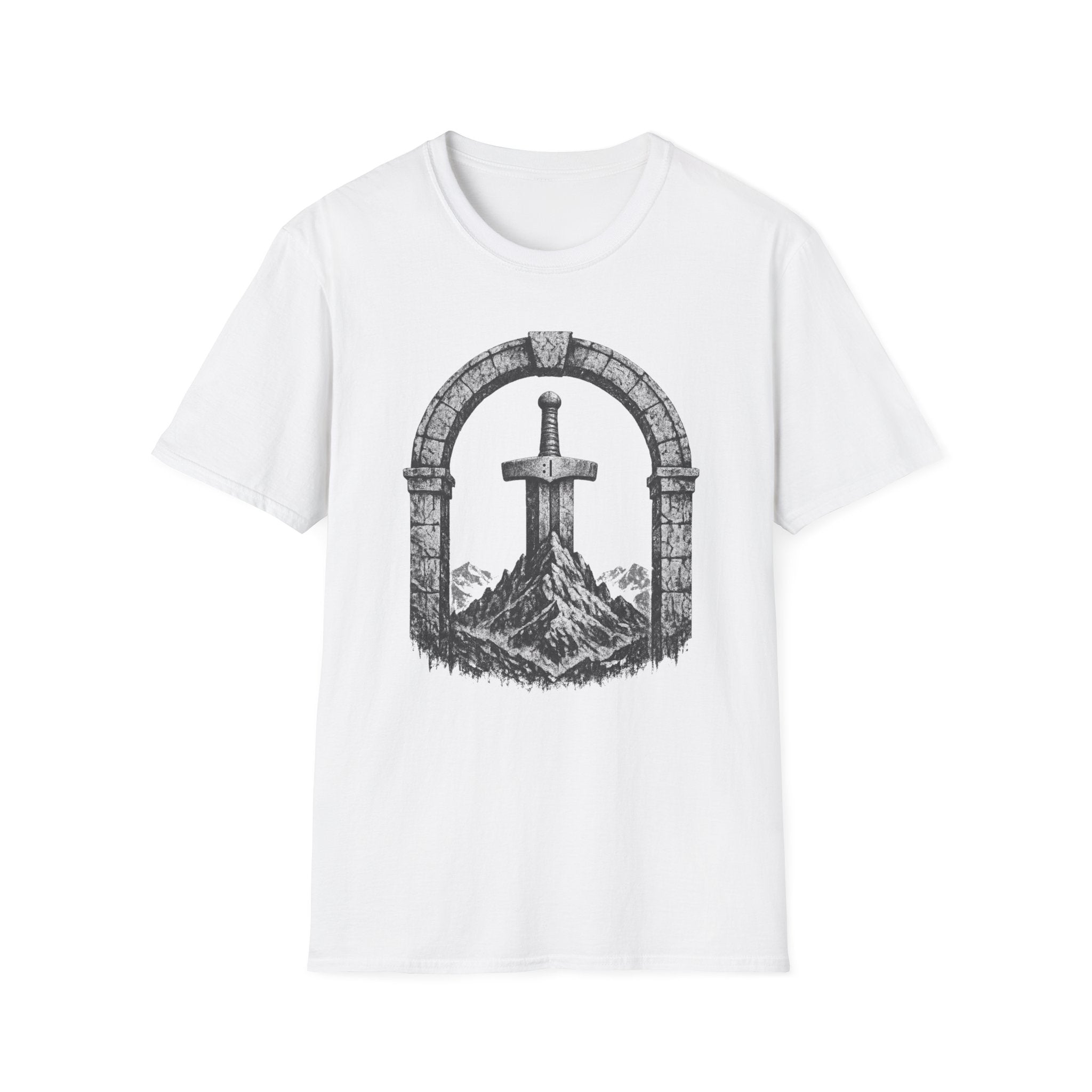 Sword in the Stone Mountain T-Shirt - Fantasy Sword & Archway Graphic Tee