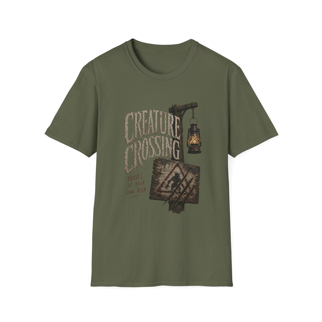 Creature Crossing T-Shirt - Rustic Lantern & Caution Adventure Tee