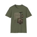 Creature Crossing T-Shirt - Rustic Lantern & Caution Adventure Tee