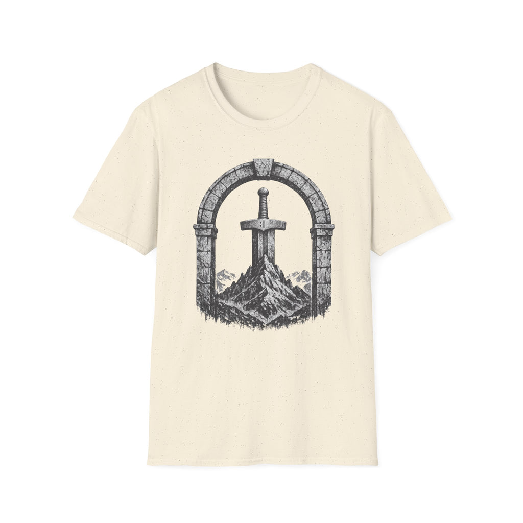 Sword in the Stone Mountain T-Shirt - Fantasy Sword & Archway Graphic Tee