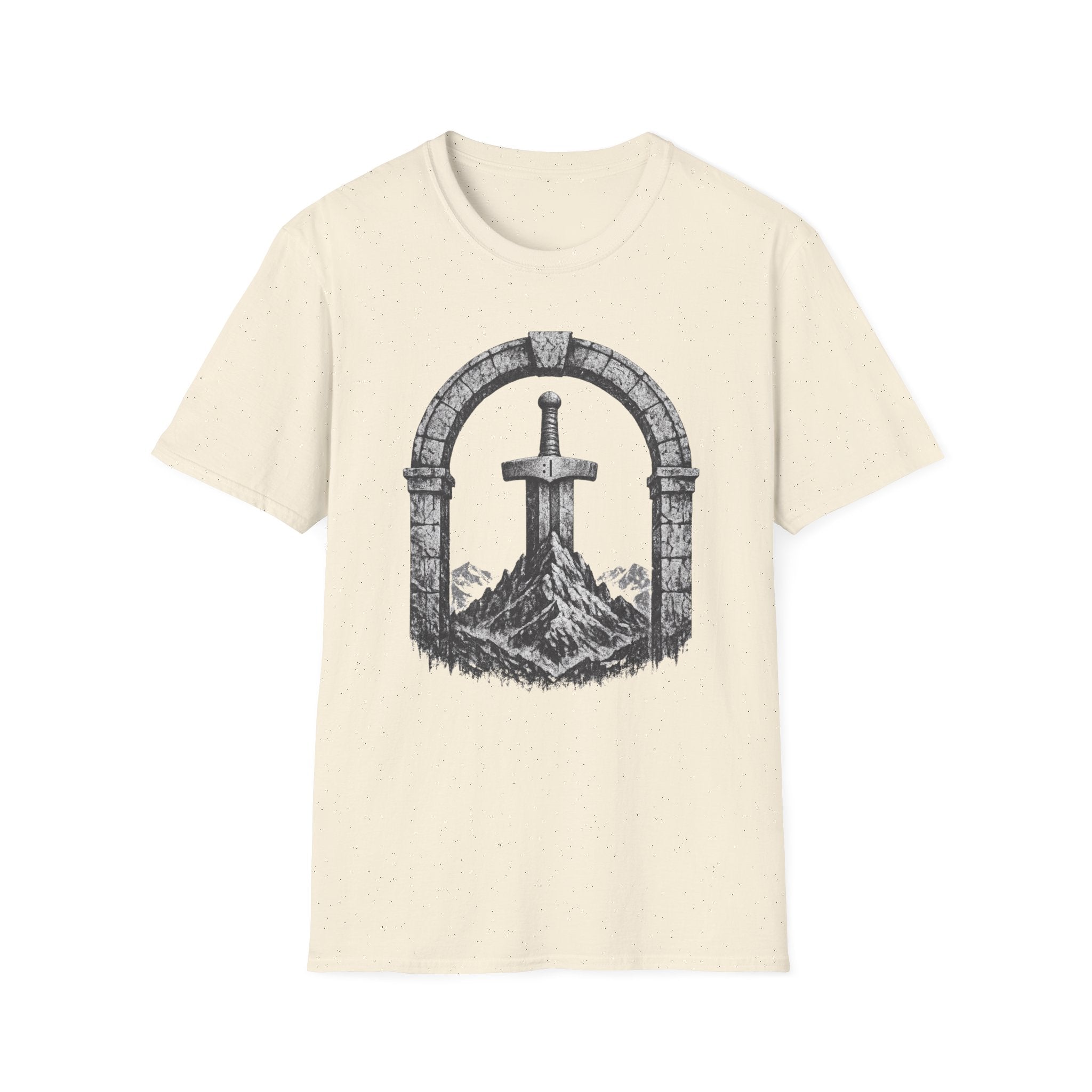 Sword in the Stone Mountain T-Shirt - Fantasy Sword & Archway Graphic Tee