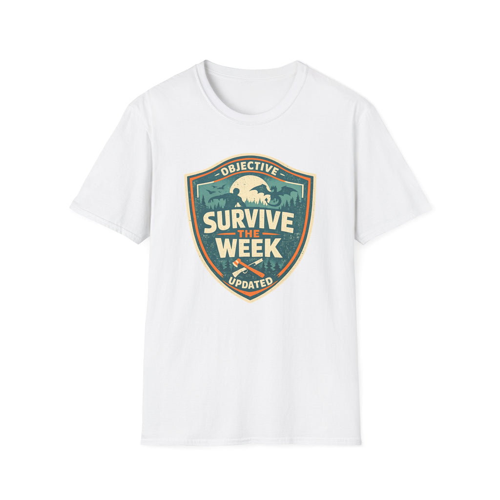 Survive The Week Shield T‑Shirt - Adventure Objective Updated Graphic Tee