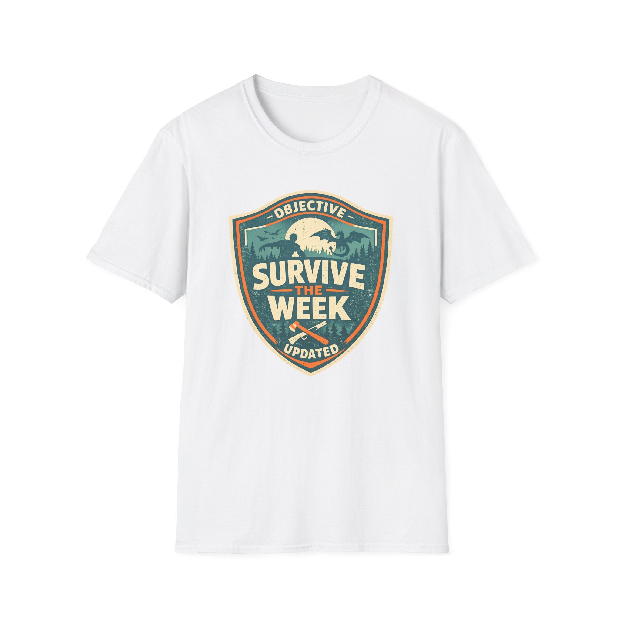 Survive The Week Shield T‑Shirt - Adventure Objective Updated Graphic Tee