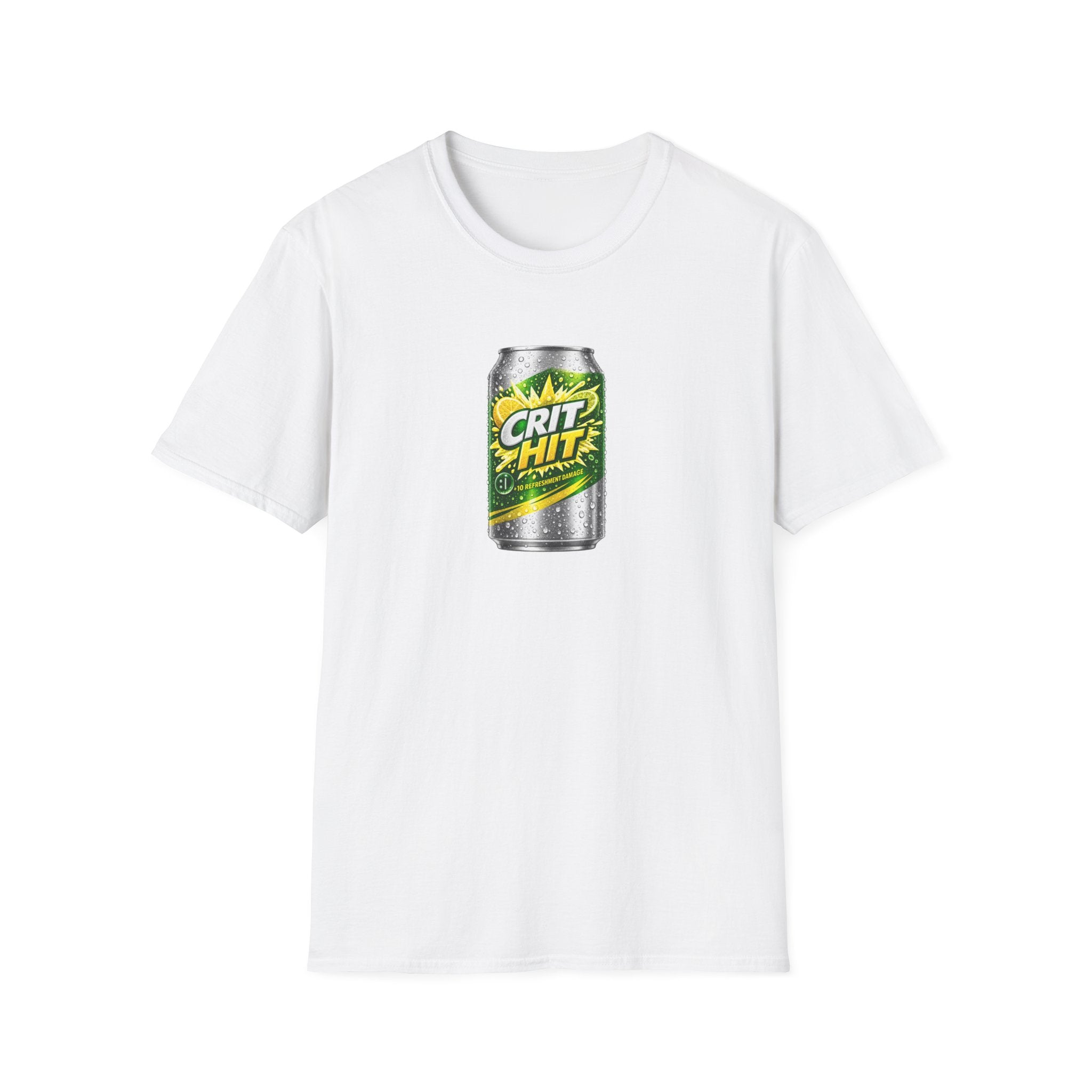 Crit Hit Citrus Soda Parody T-Shirt — Gamer Energy Drink Graphic Tee