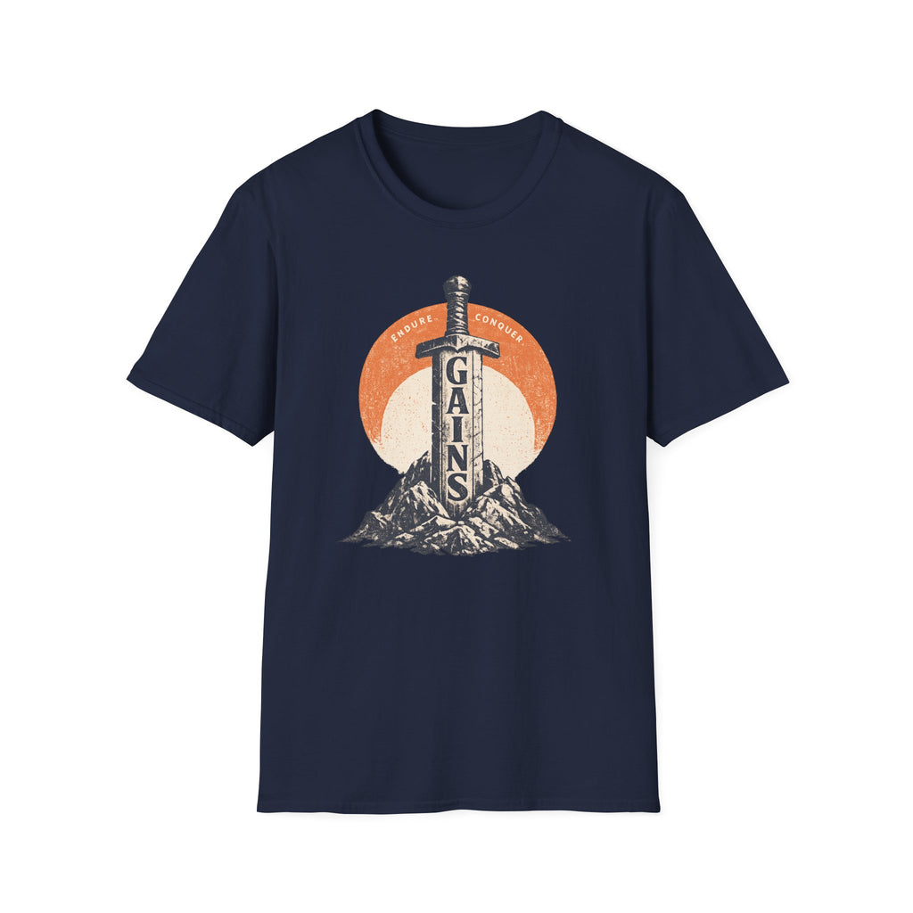 "Gains" Giant Sword T-Shirt — 'Endure Conquer' Vintage Fitness Tee