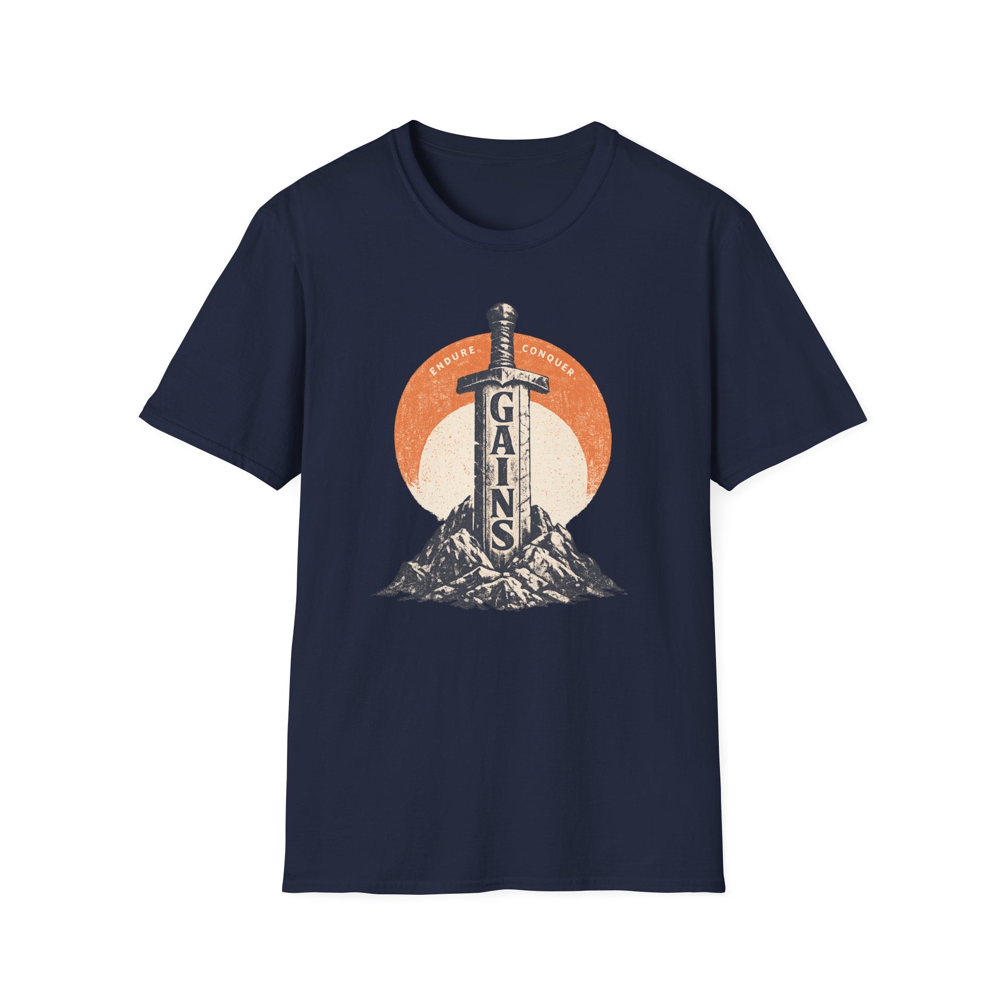 "Gains" Giant Sword T-Shirt — 'Endure Conquer' Vintage Fitness Tee