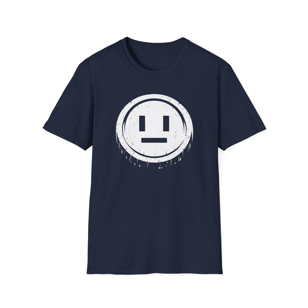 Meh Emoji Face Coin Grunge T-Shirt - Minimal Neutral Emoticon Tee