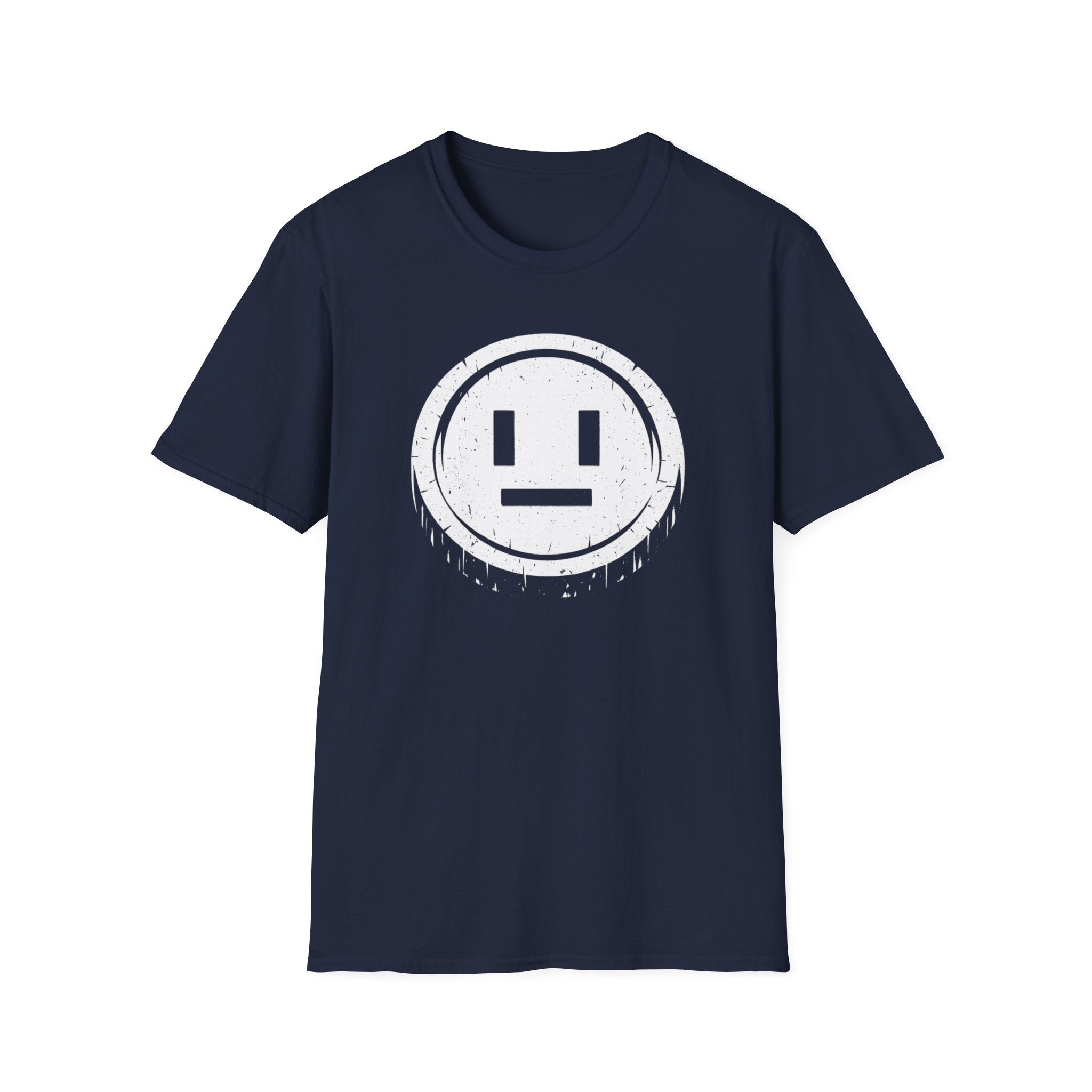 Meh Emoji Face Coin Grunge T-Shirt - Minimal Neutral Emoticon Tee