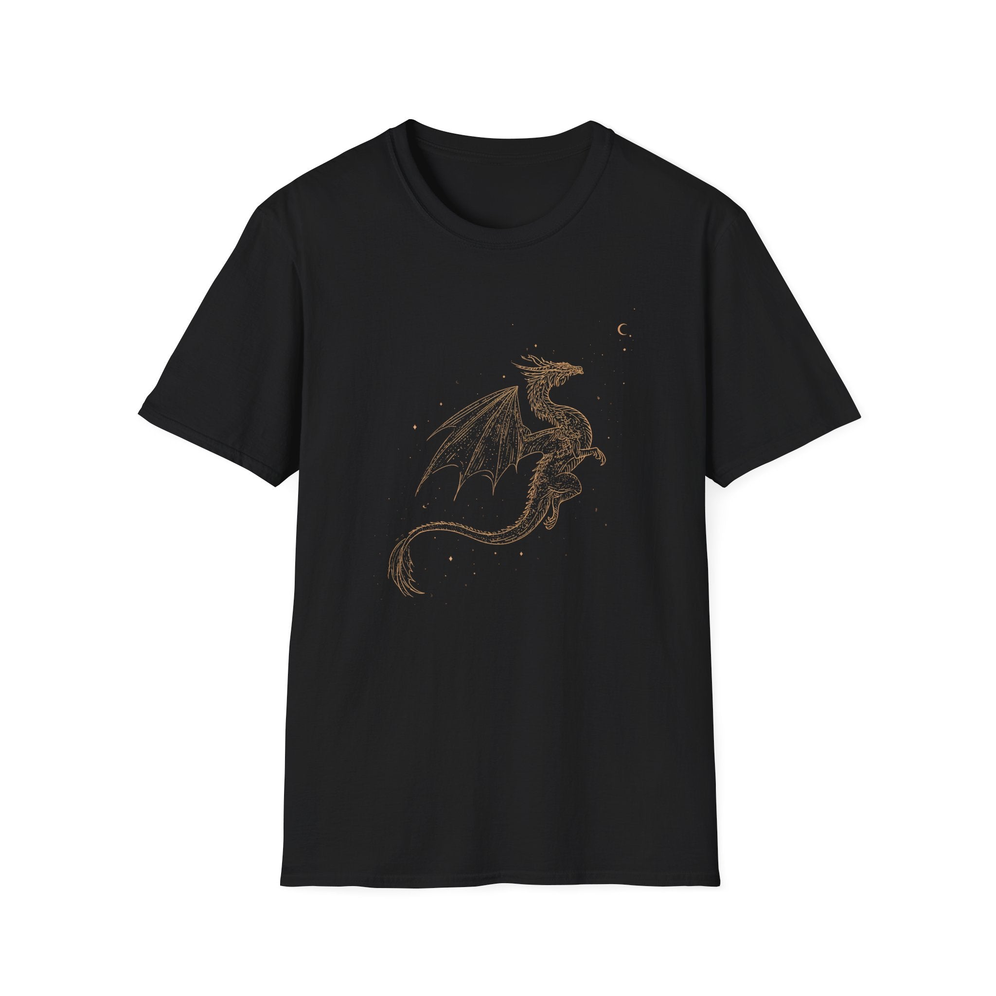Gold Celestial Dragon T-Shirt — Mystic Fantasy Tee with Moon Accent