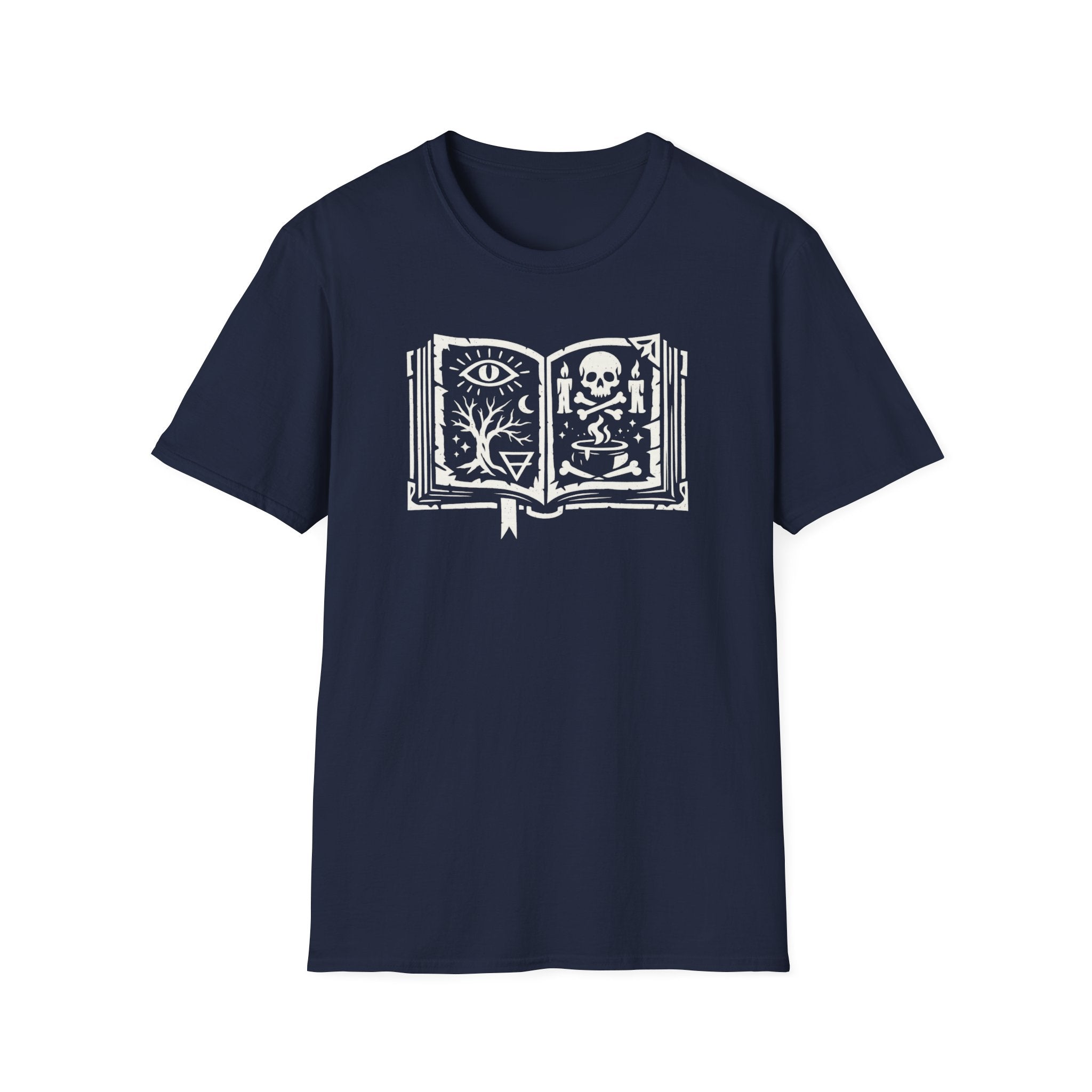 Spellbook Stylized Graphic T-Shirt - Vintage Witchbook Tee (Eye, Skull & Symbols)