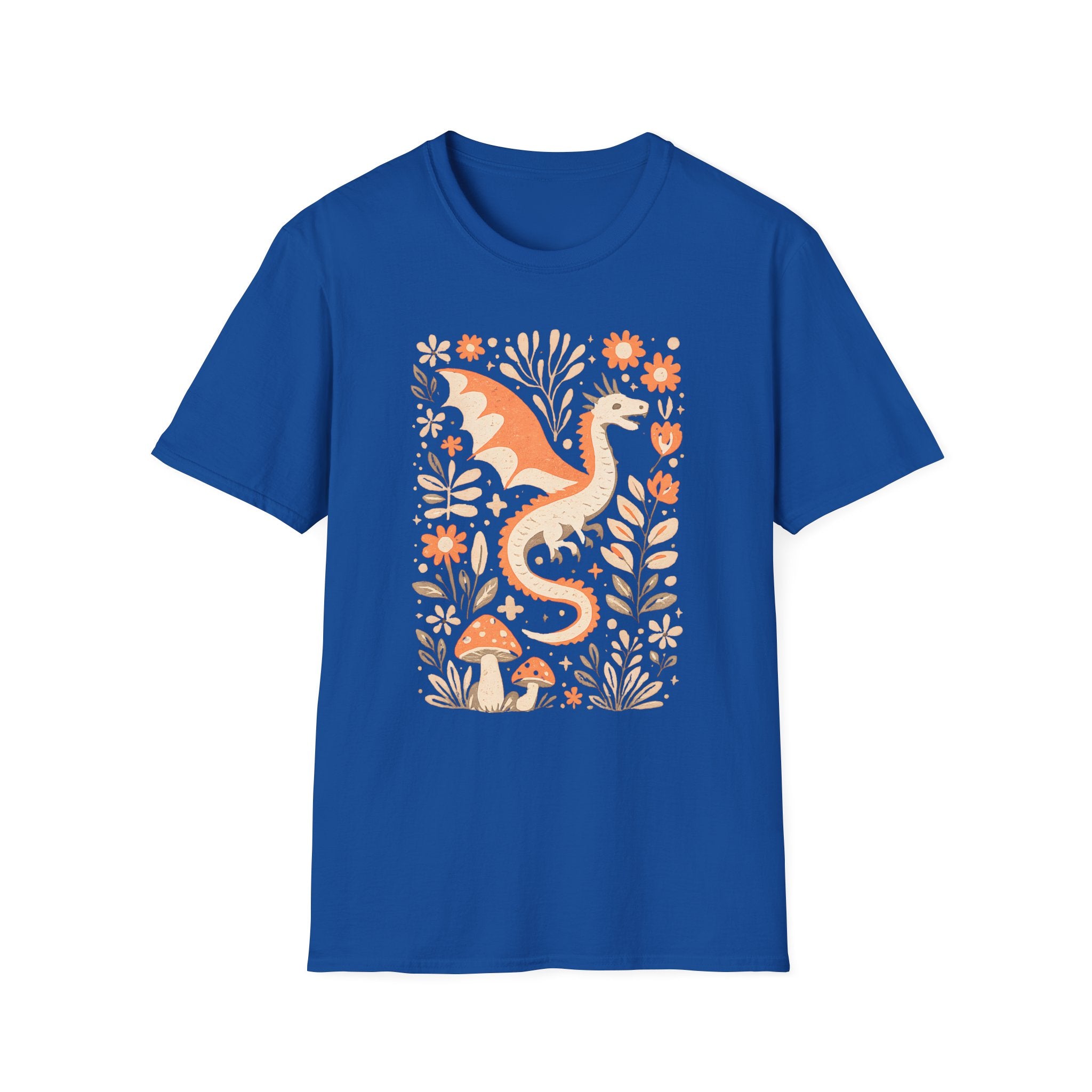 Whimsical Floral Dragon T-Shirt - Mushroom Garden Graphic Tee