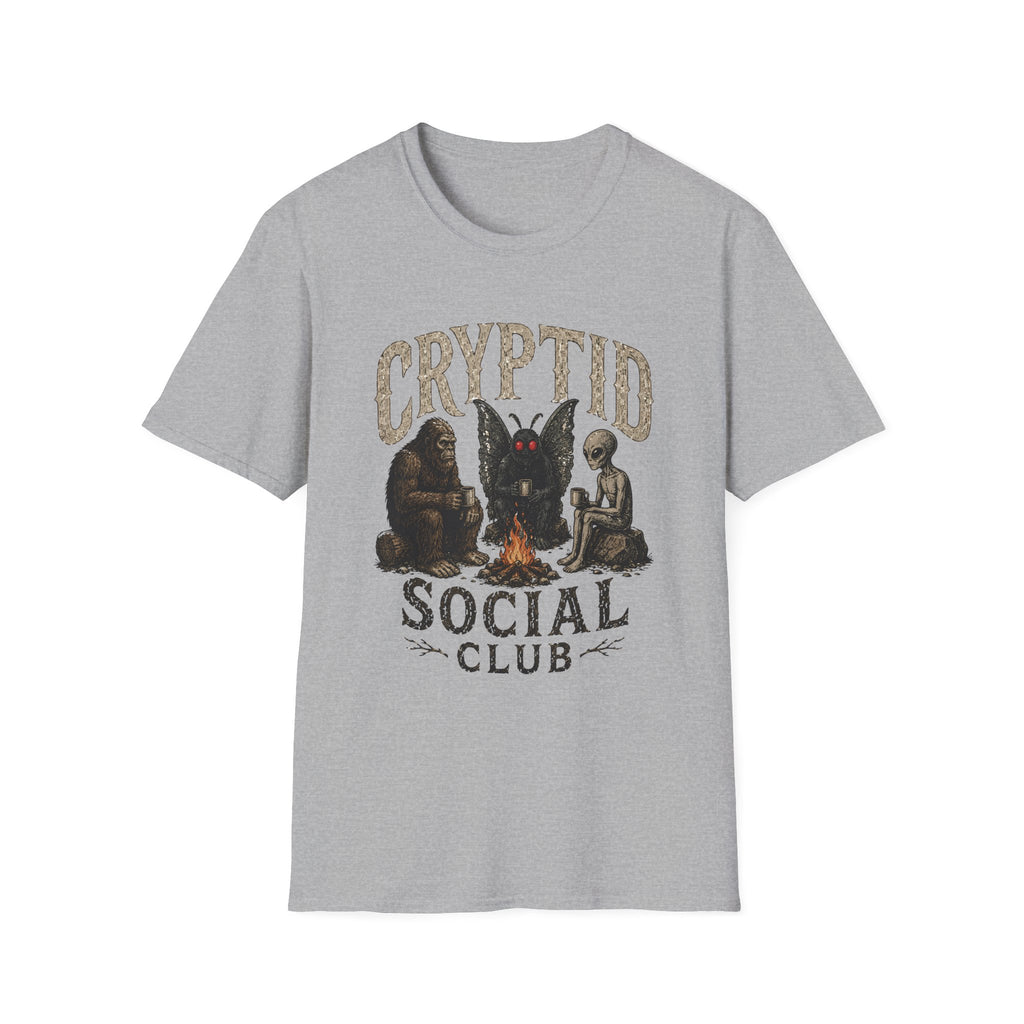 Cryptid Social Club T-Shirt - Bigfoot, Mothman & Alien Retro Graphic Tee