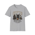 Cryptid Social Club T-Shirt - Bigfoot, Mothman & Alien Retro Graphic Tee