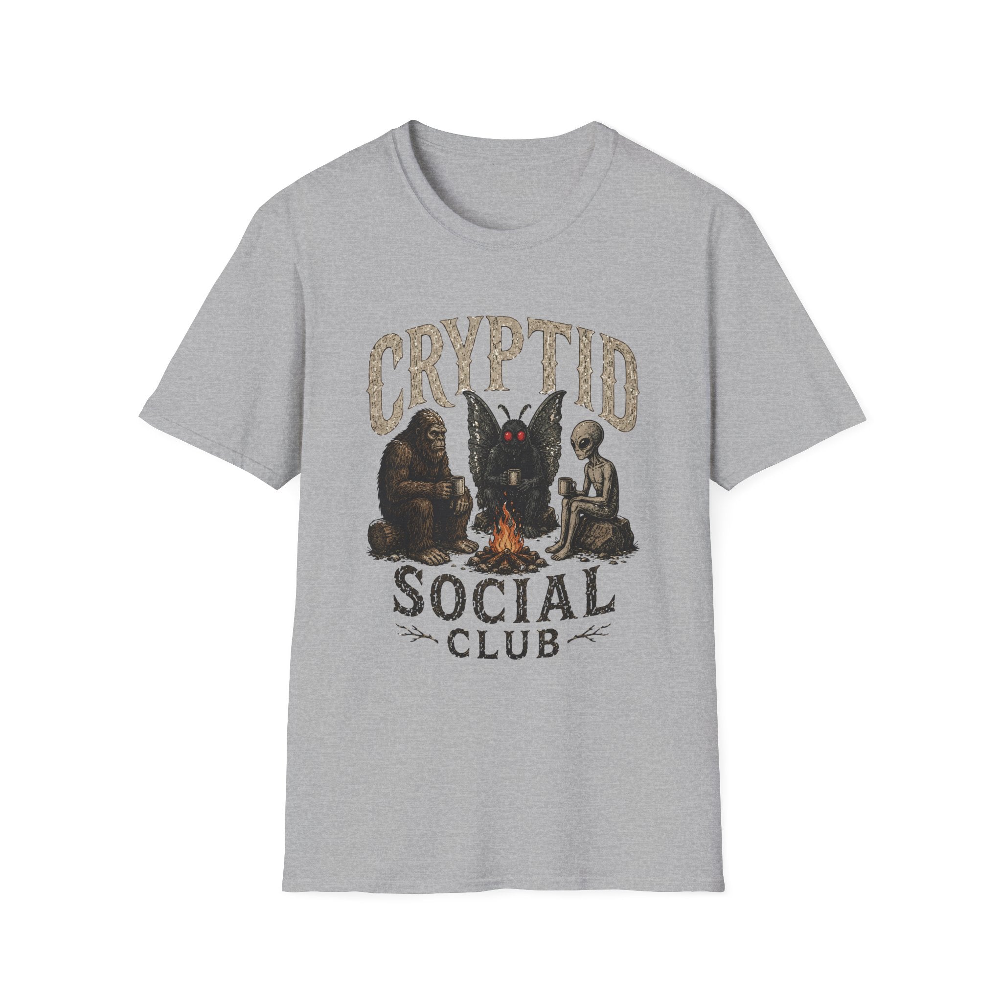 Cryptid Social Club T-Shirt - Bigfoot, Mothman & Alien Retro Graphic Tee