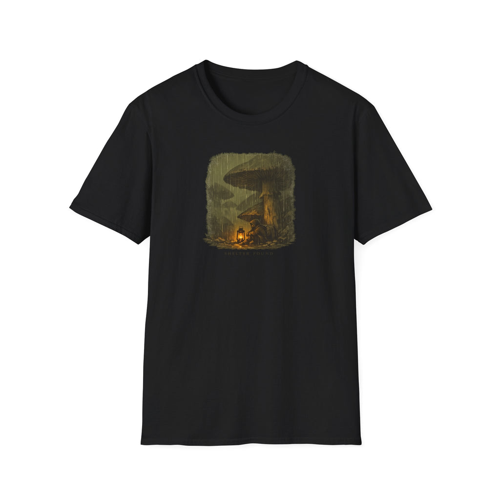 'Shelter Found' Mushroom T-Shirt - Cozy Forest Campfire Illustration