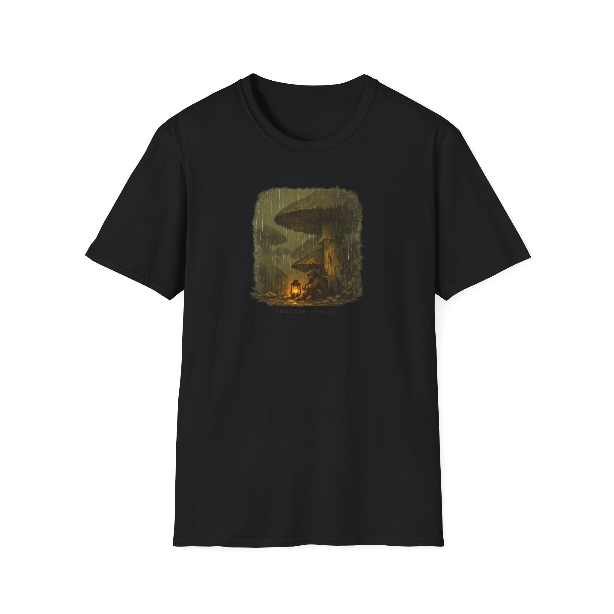 'Shelter Found' Mushroom T-Shirt - Cozy Forest Campfire Illustration