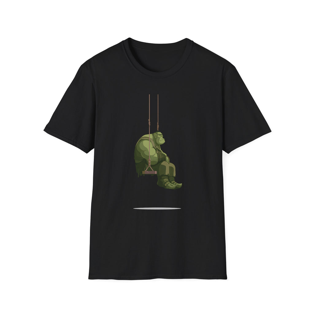 Sad Ogre Graphic T-Shirt - Cute Green Monster Swinging Tee