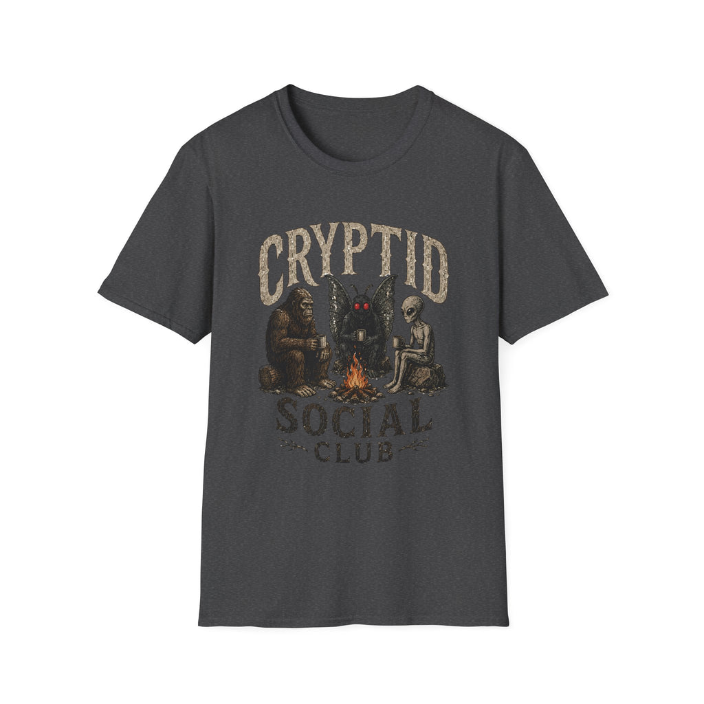 Cryptid Social Club T-Shirt - Bigfoot, Mothman & Alien Retro Graphic Tee