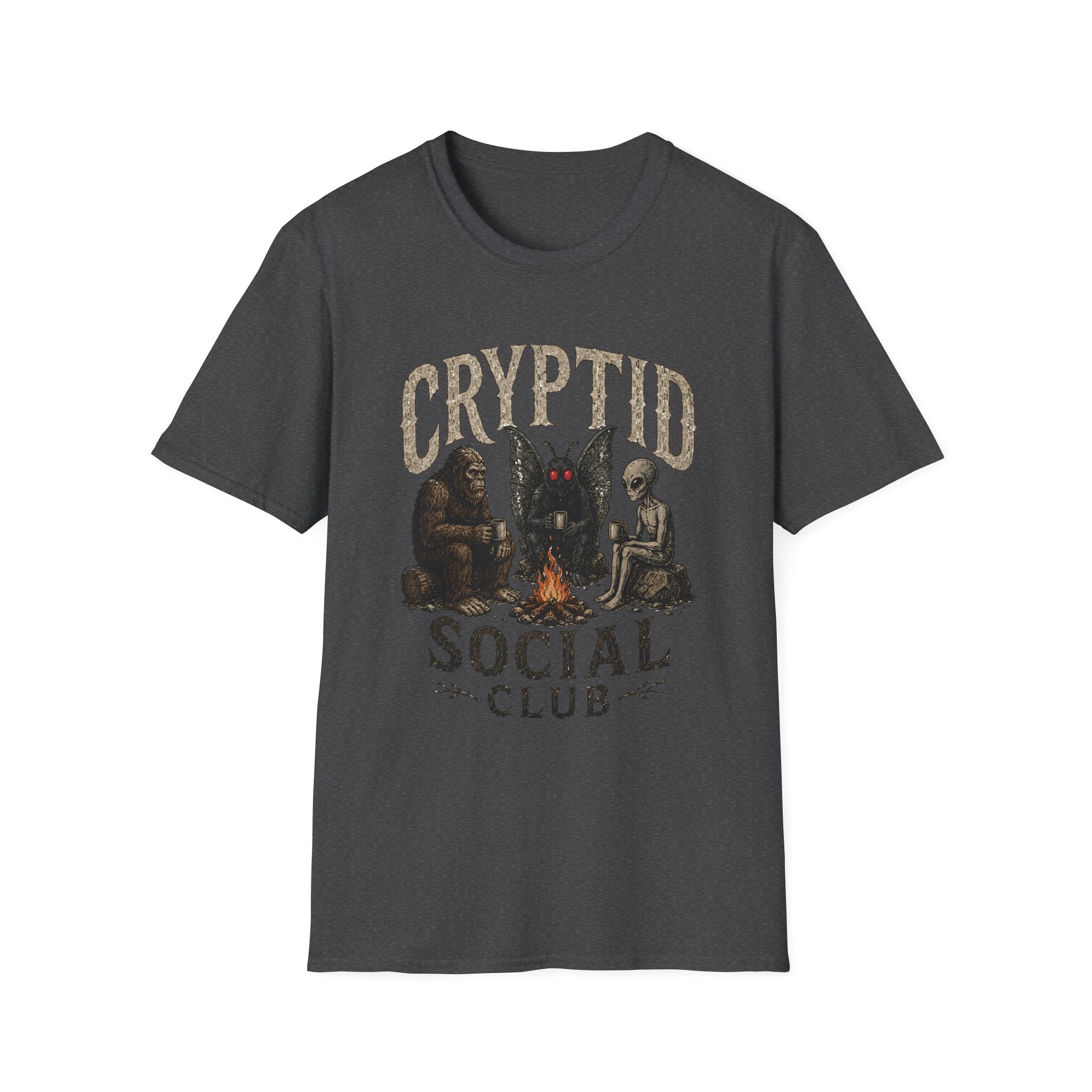 Cryptid Social Club T-Shirt - Bigfoot, Mothman & Alien Retro Graphic Tee
