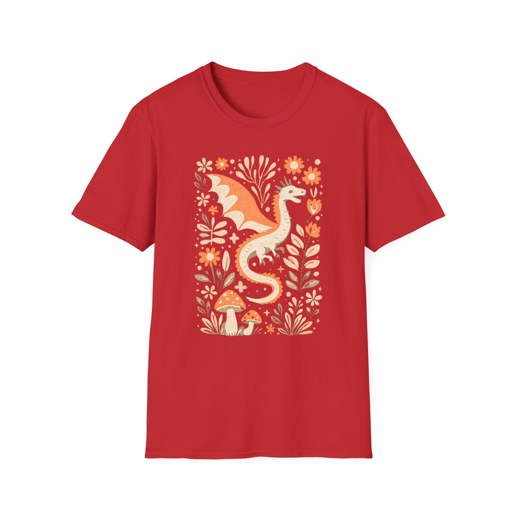 Whimsical Floral Dragon T-Shirt - Mushroom Garden Graphic Tee