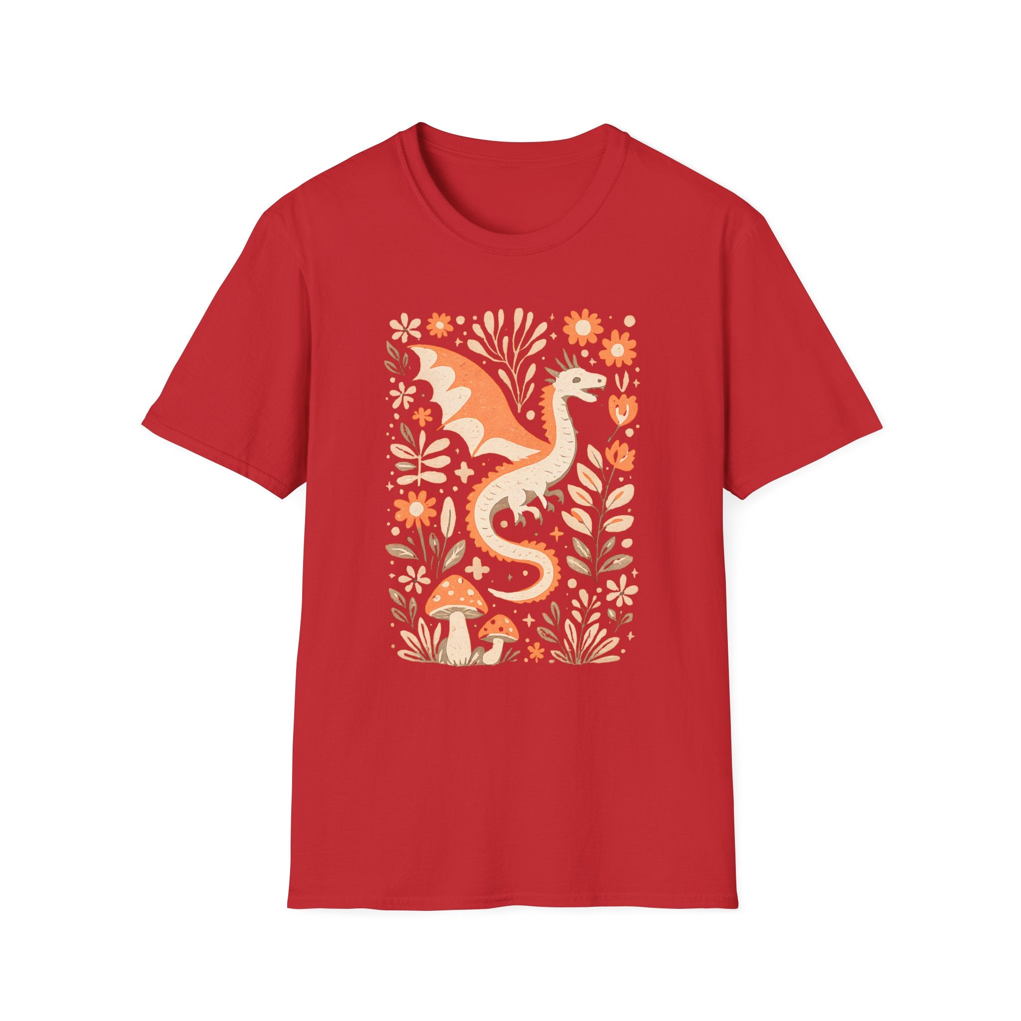 Whimsical Floral Dragon T-Shirt - Mushroom Garden Graphic Tee