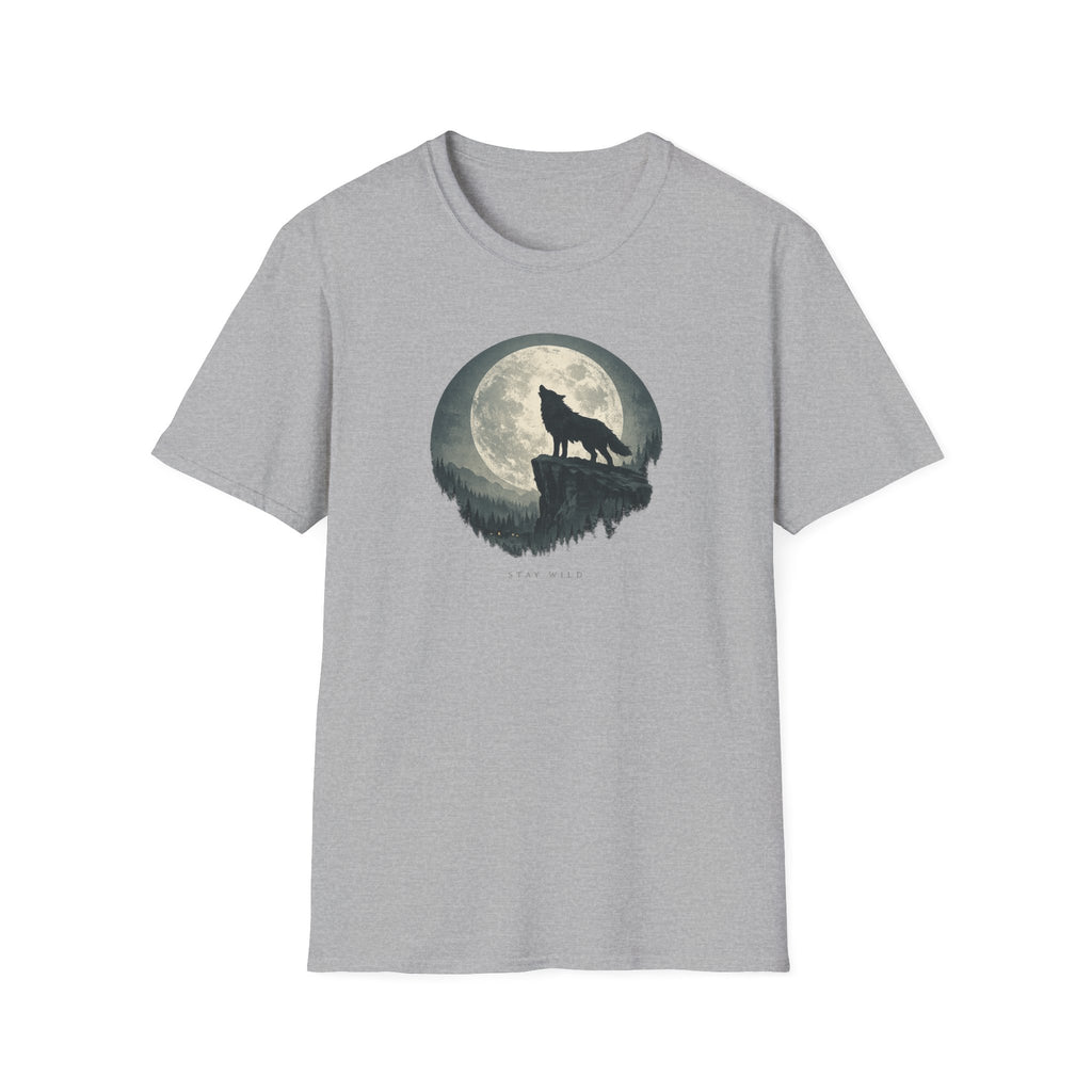 'Stay Wild' Wolf Howling at Moon T‑Shirt - Wilderness Moonlight Graphic Tee