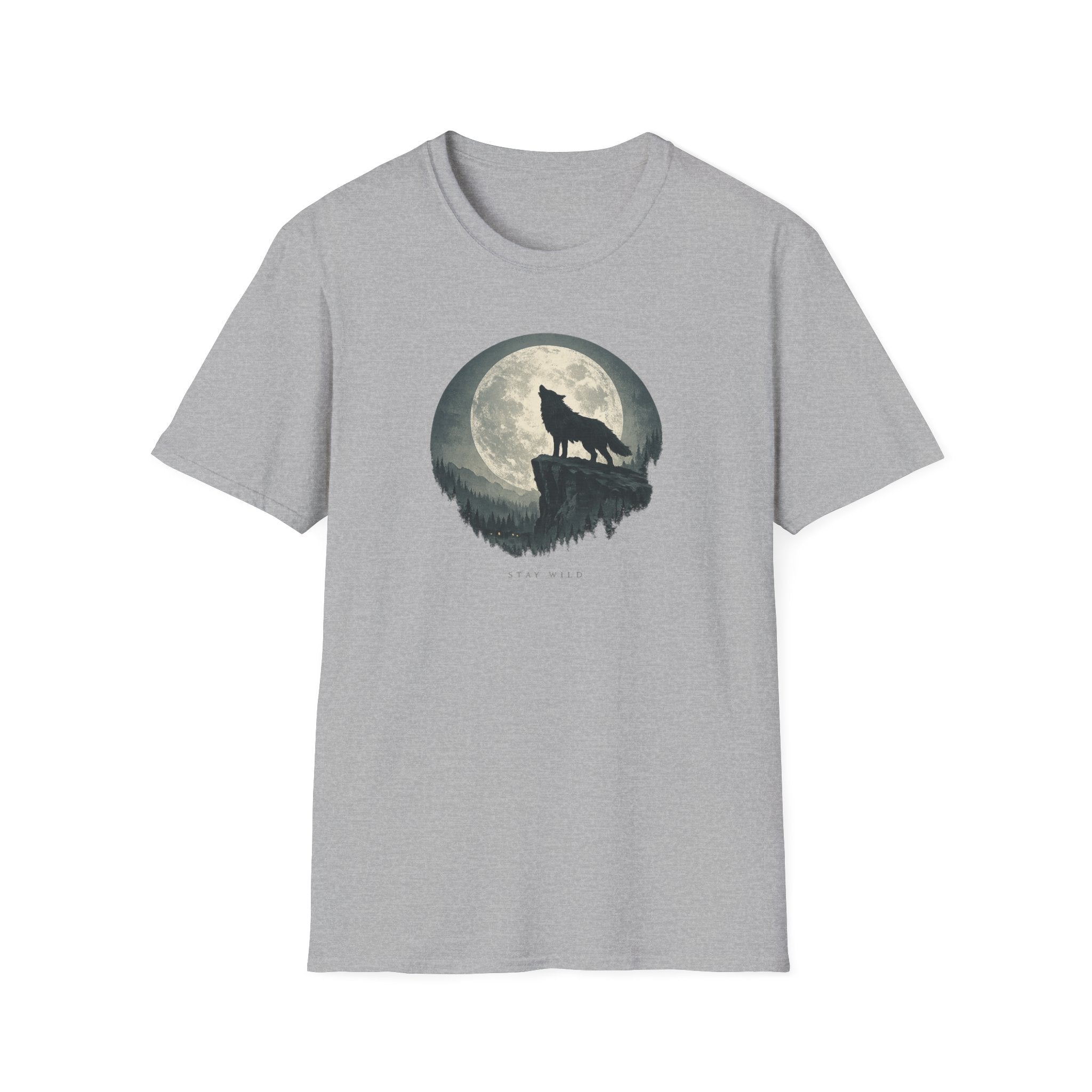 'Stay Wild' Wolf Howling at Moon T‑Shirt - Wilderness Moonlight Graphic Tee