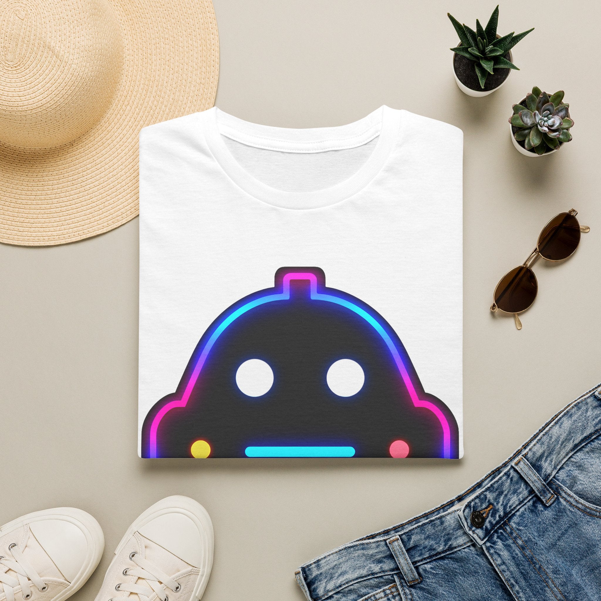 Neon Robot Tee - Retro Glowing Cute Bot Graphic T-Shirt