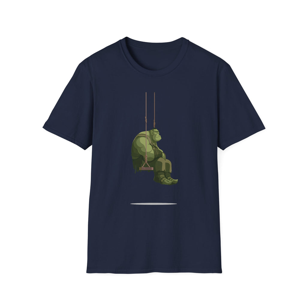 Sad Ogre Graphic T-Shirt - Cute Green Monster Swinging Tee