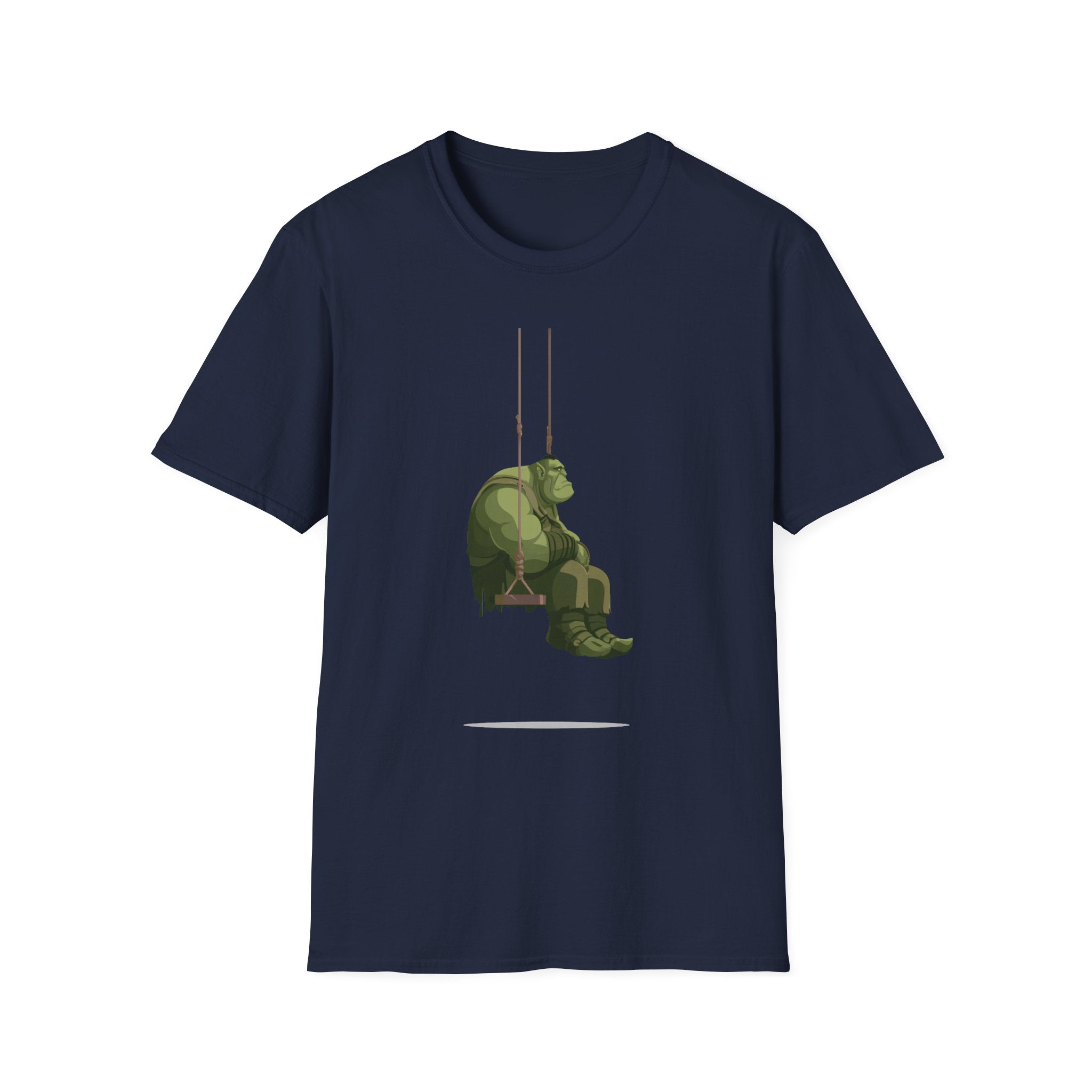 Sad Ogre Graphic T-Shirt - Cute Green Monster Swinging Tee