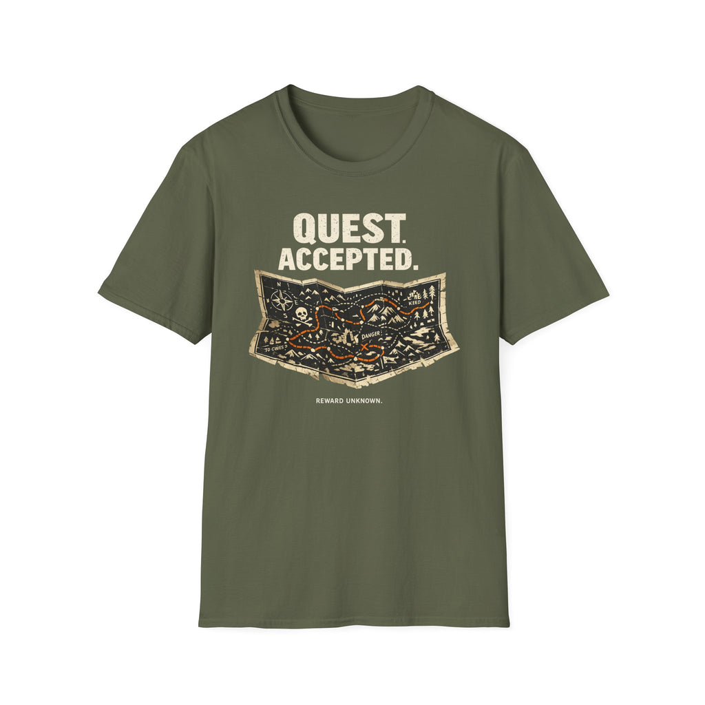 Quest Accepted, Reward Unknown T-Shirt — Vintage RPG Map Tee for Gamers & Adventurers