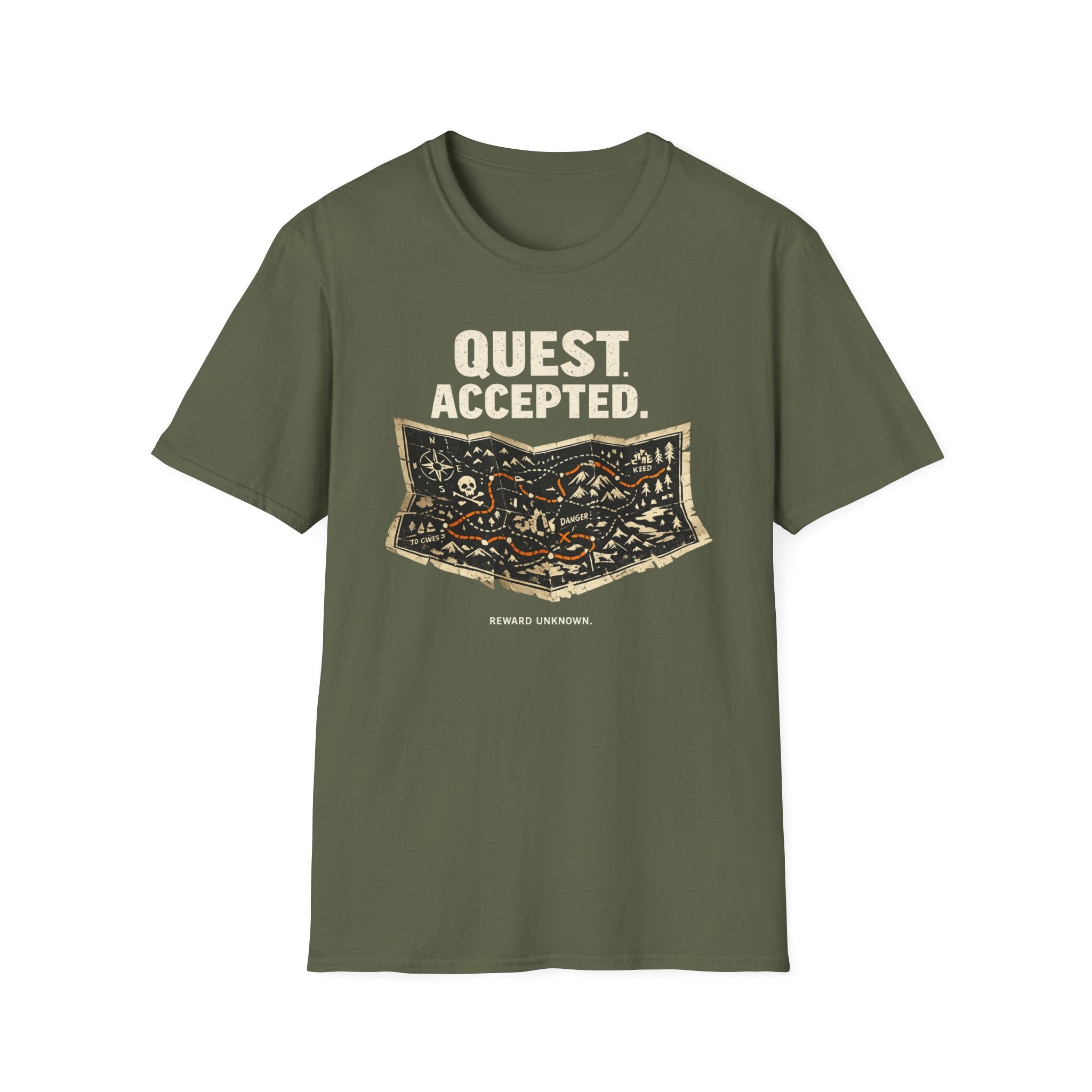 Quest Accepted, Reward Unknown T-Shirt — Vintage RPG Map Tee for Gamers & Adventurers