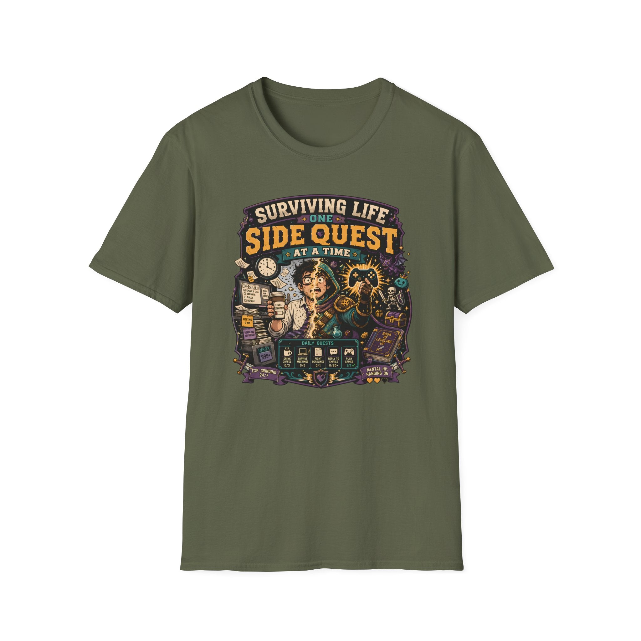 "Surviving Life One Side Quest At A Time" T-Shirt - Retro Gamers RPG Adventure Tee
