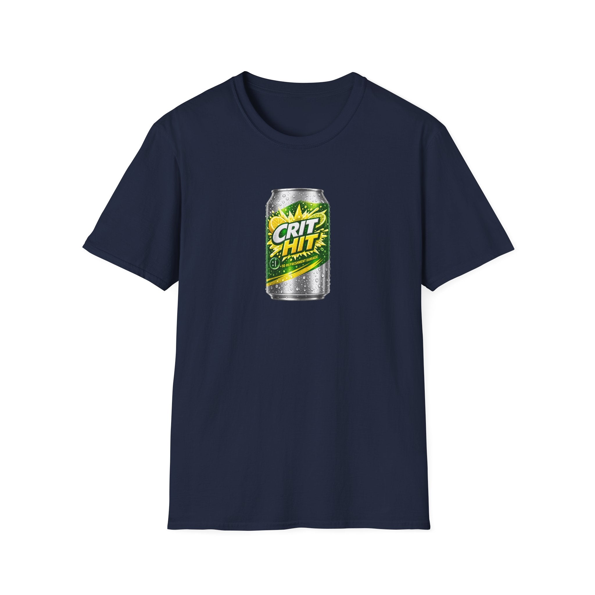Crit Hit Citrus Soda Parody T-Shirt — Gamer Energy Drink Graphic Tee