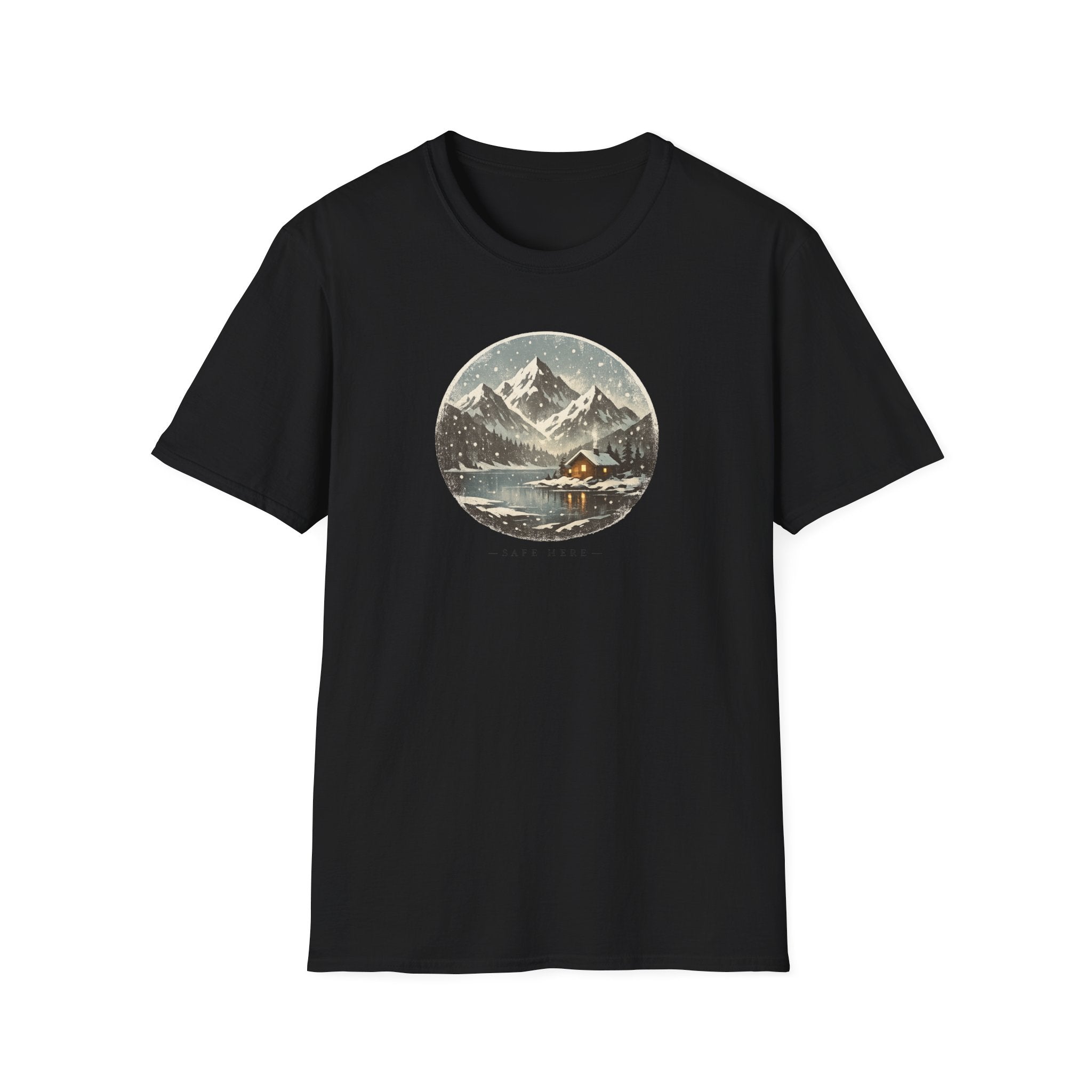 'Safe Here' Cozy Mountain Cabin Snowfall T-Shirt