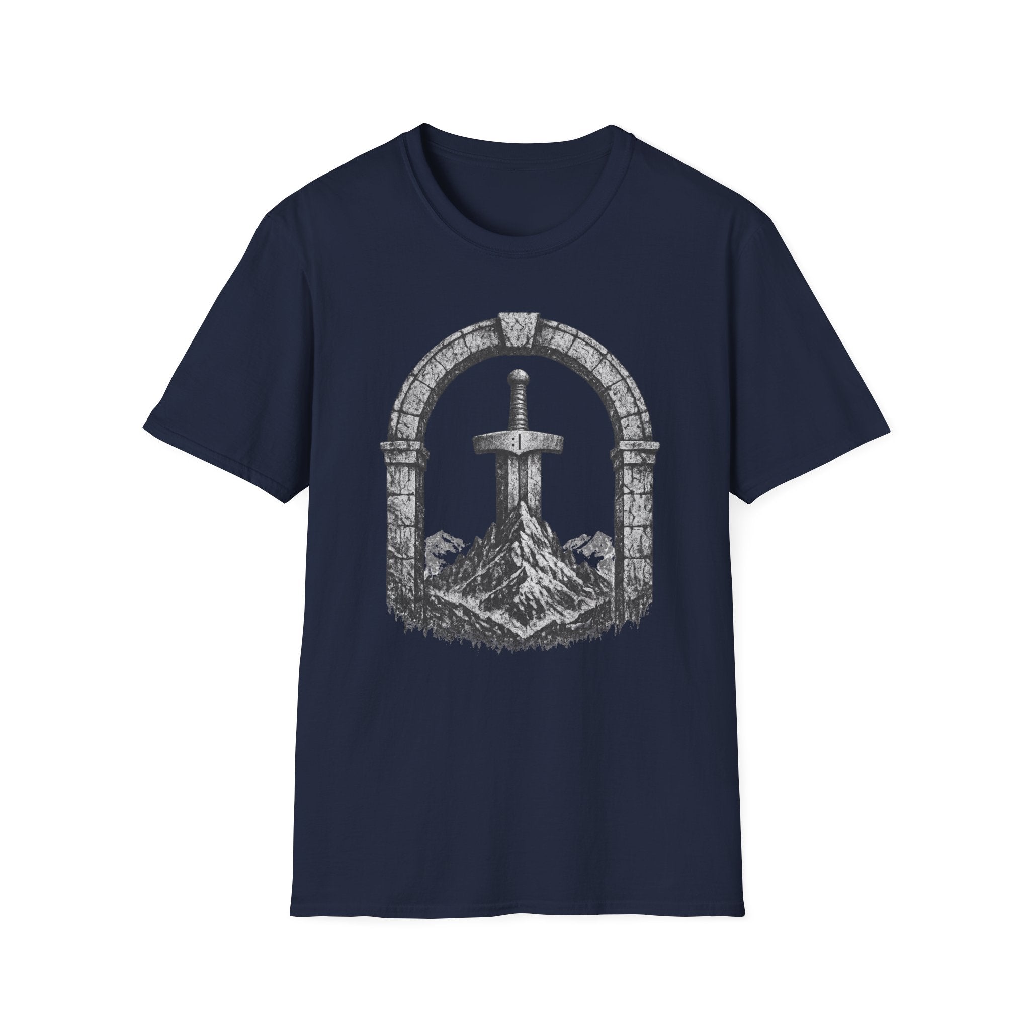 Sword in the Stone Mountain T-Shirt - Fantasy Sword & Archway Graphic Tee
