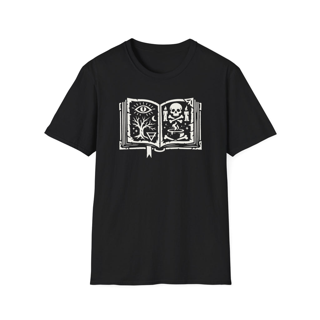 Spellbook Stylized Graphic T-Shirt - Vintage Witchbook Tee (Eye, Skull & Symbols)