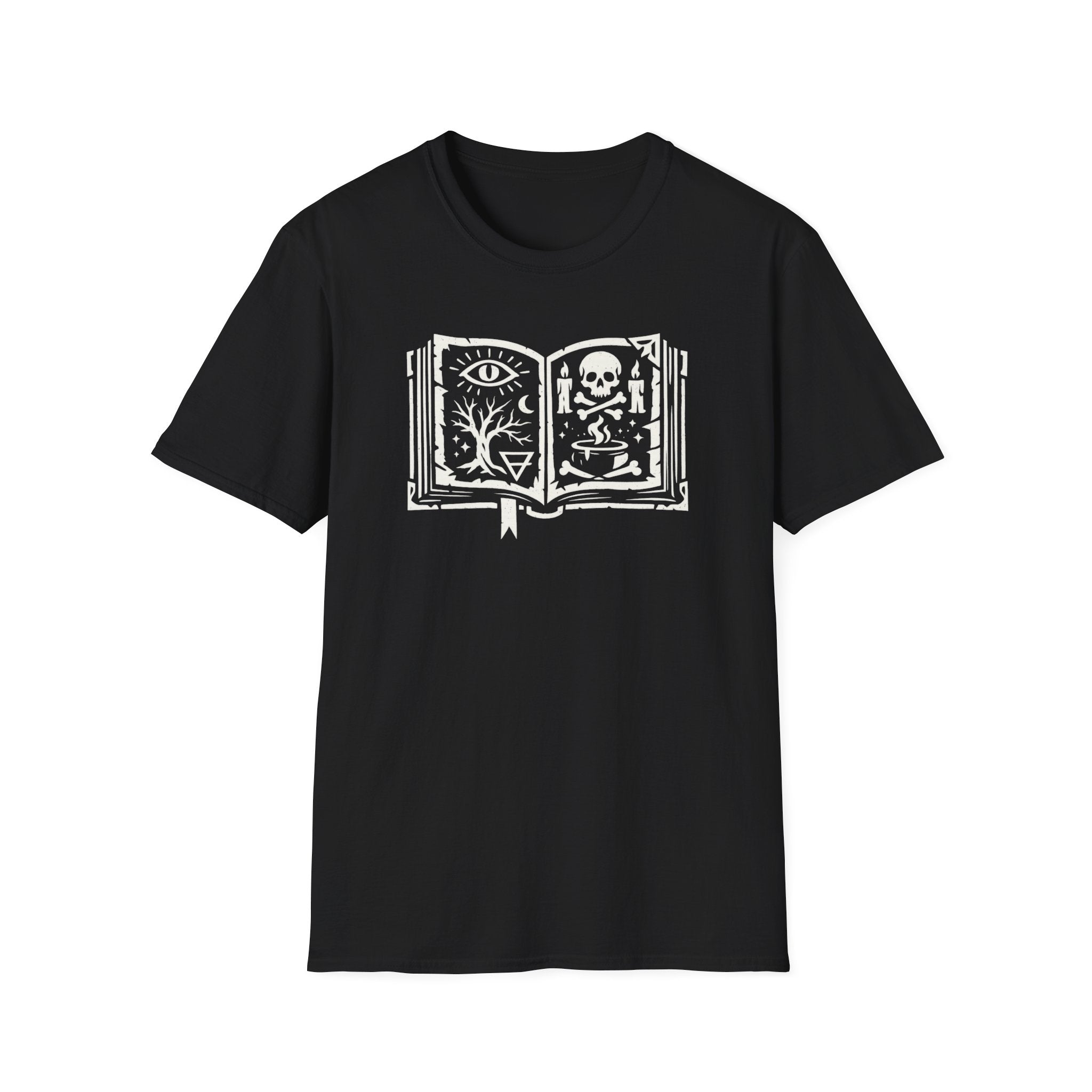 Spellbook Stylized Graphic T-Shirt - Vintage Witchbook Tee (Eye, Skull & Symbols)