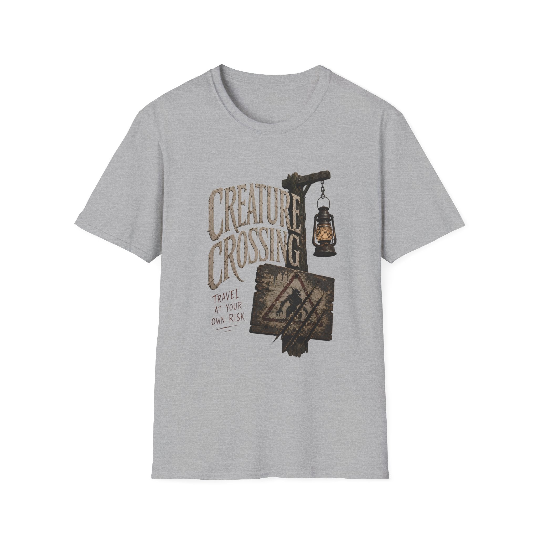 Creature Crossing T-Shirt - Rustic Lantern & Caution Adventure Tee