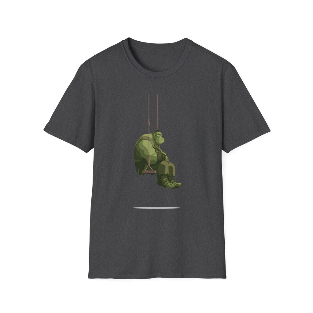 Sad Ogre Graphic T-Shirt - Cute Green Monster Swinging Tee