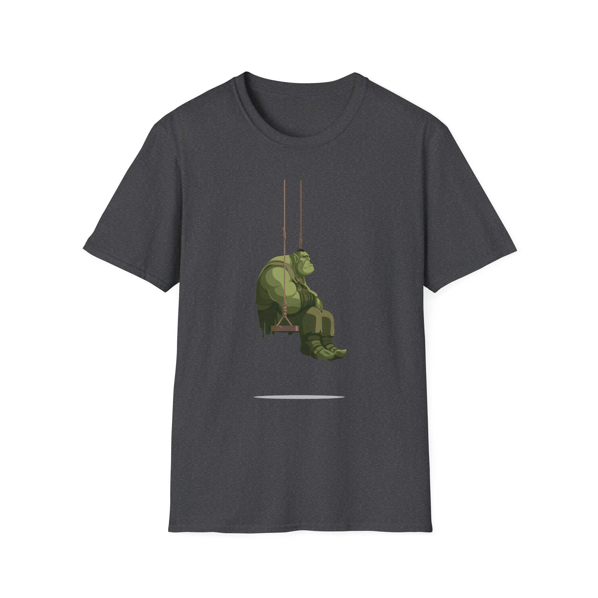 Sad Ogre Graphic T-Shirt - Cute Green Monster Swinging Tee
