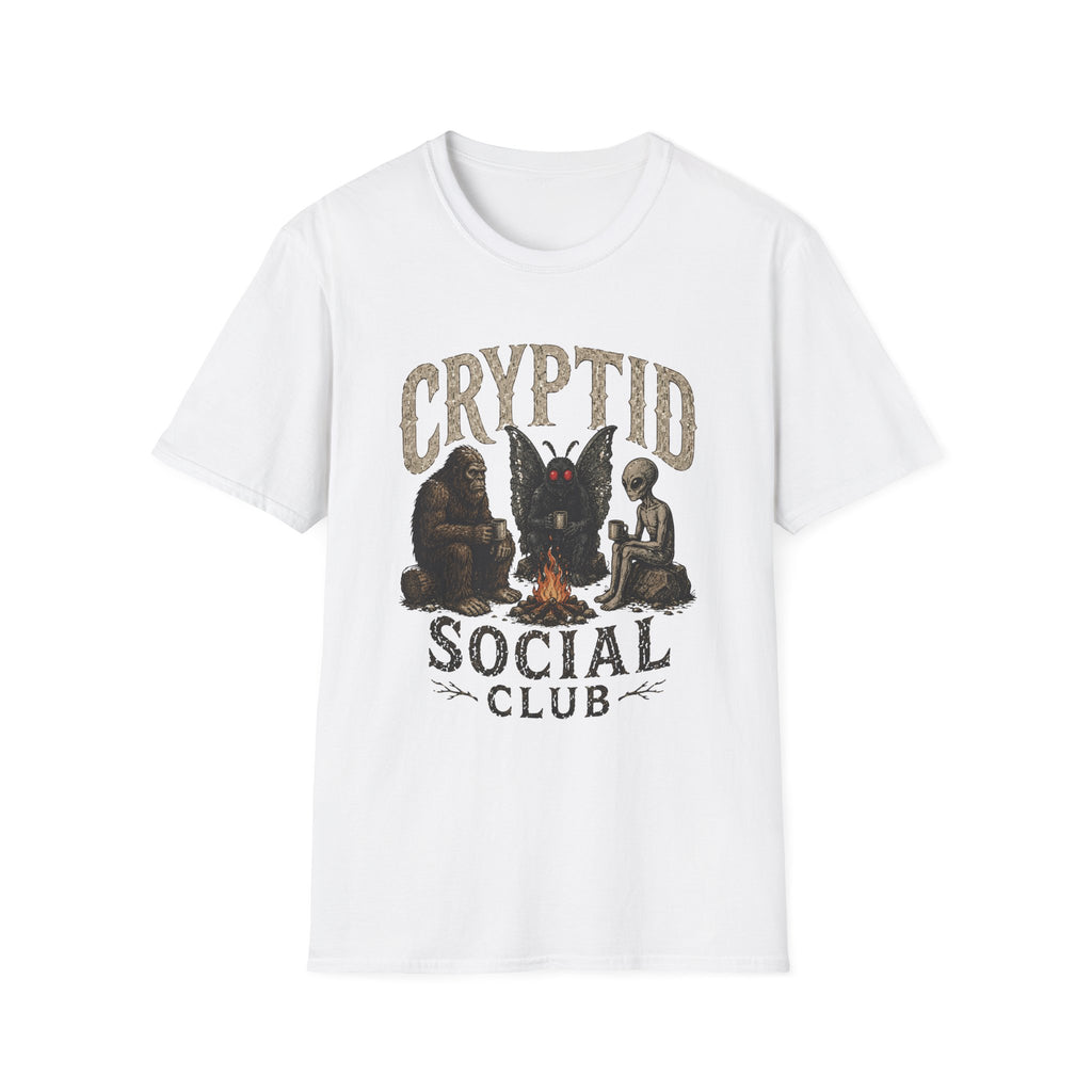 Cryptid Social Club T-Shirt - Bigfoot, Mothman & Alien Retro Graphic Tee