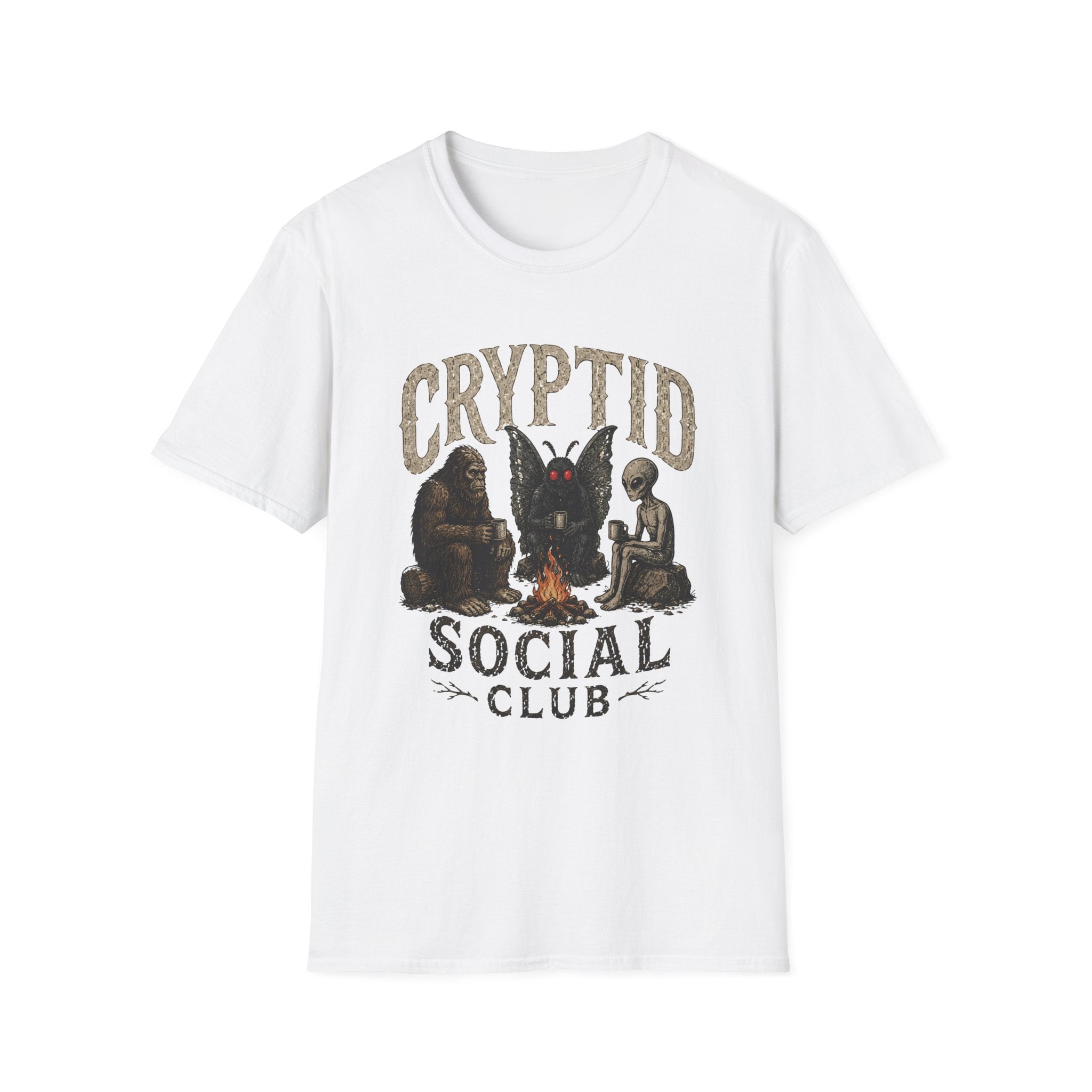 Cryptid Social Club T-Shirt - Bigfoot, Mothman & Alien Retro Graphic Tee