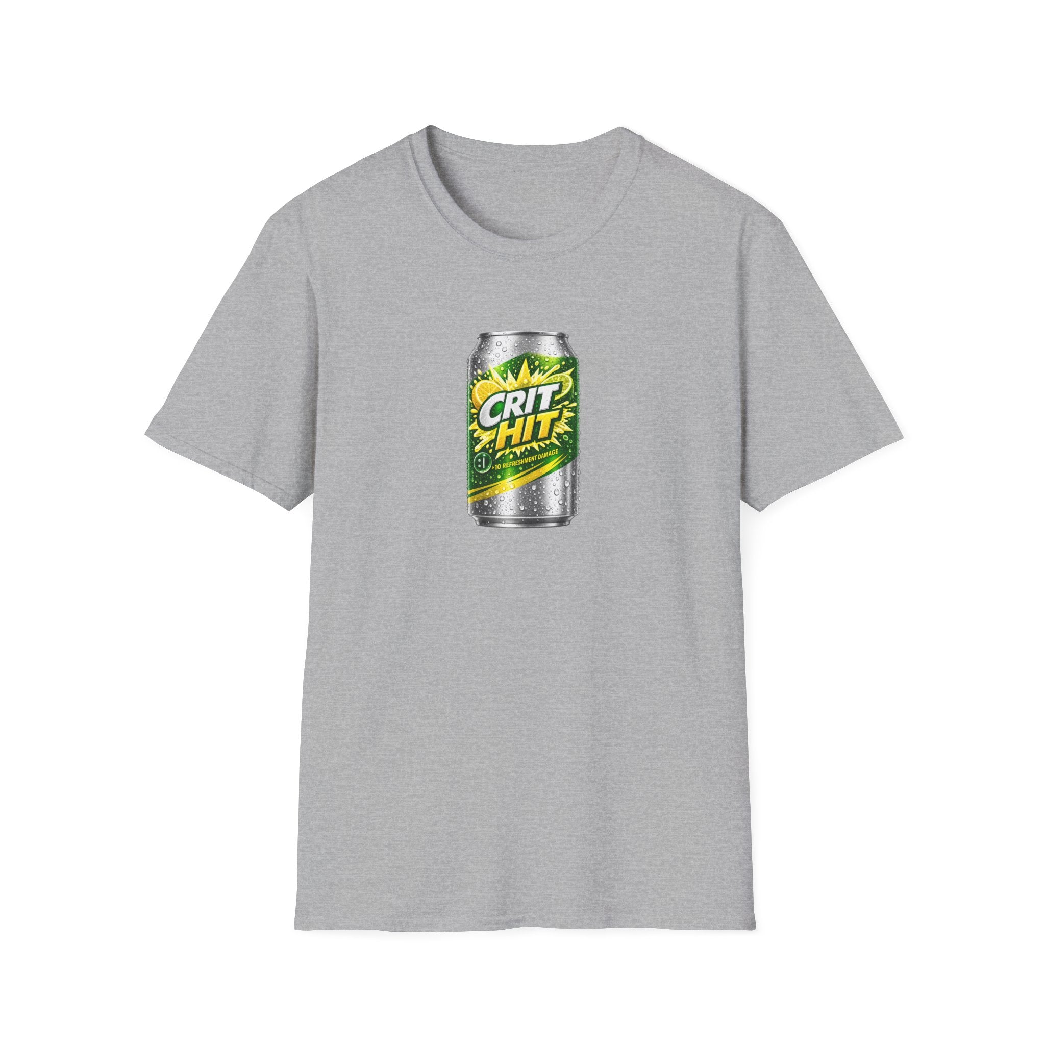 Crit Hit Citrus Soda Parody T-Shirt — Gamer Energy Drink Graphic Tee