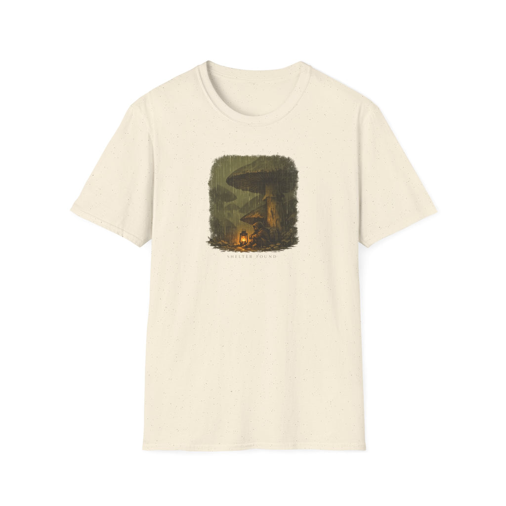 'Shelter Found' Mushroom T-Shirt - Cozy Forest Campfire Illustration