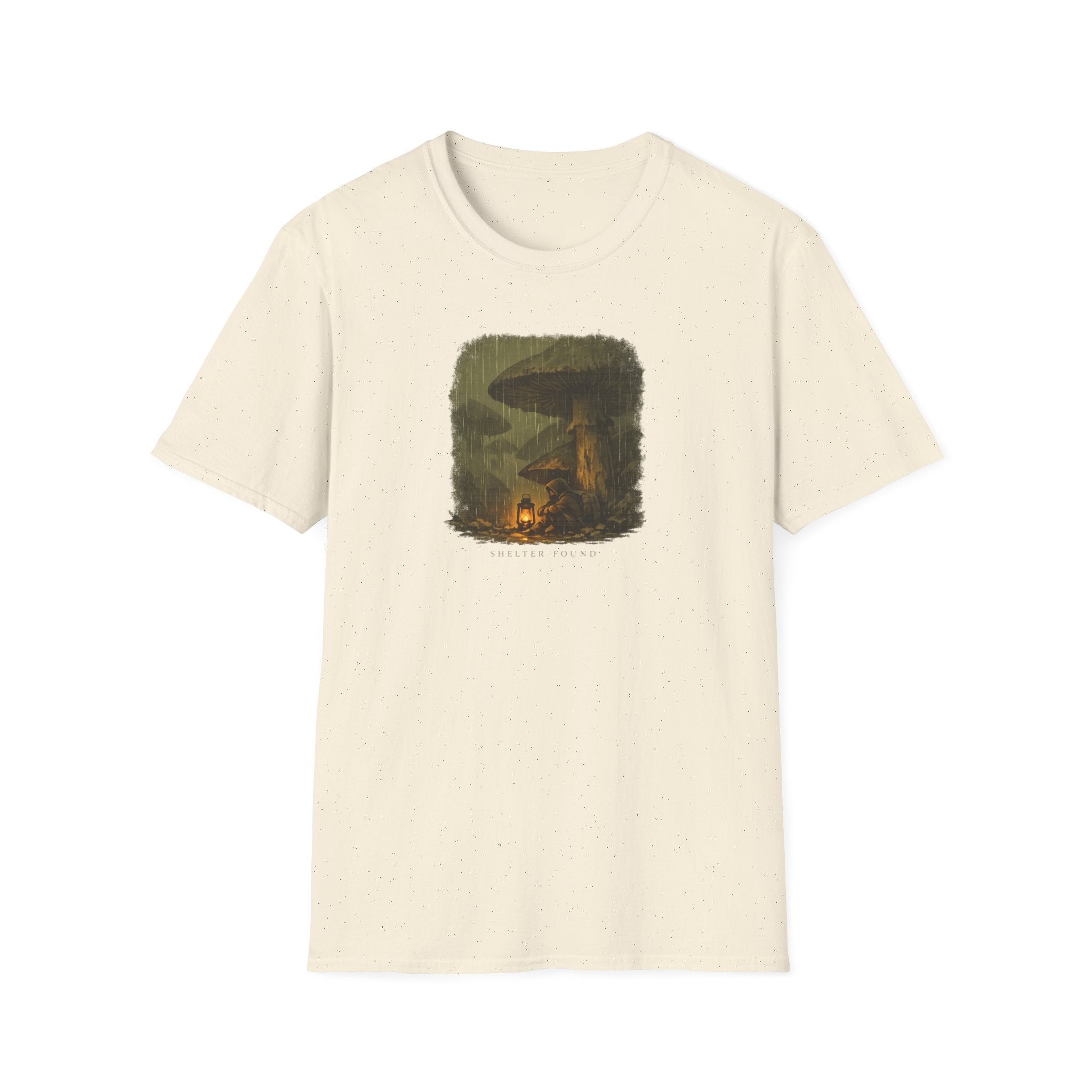 'Shelter Found' Mushroom T-Shirt - Cozy Forest Campfire Illustration