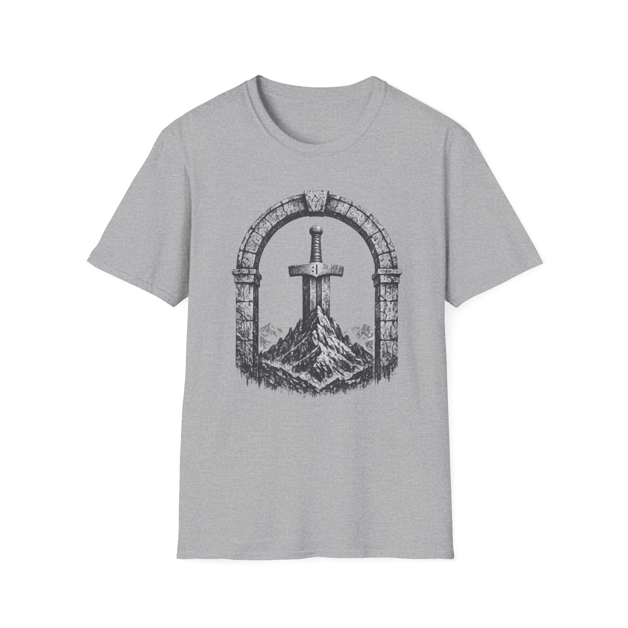 Sword in the Stone Mountain T-Shirt - Fantasy Sword & Archway Graphic Tee