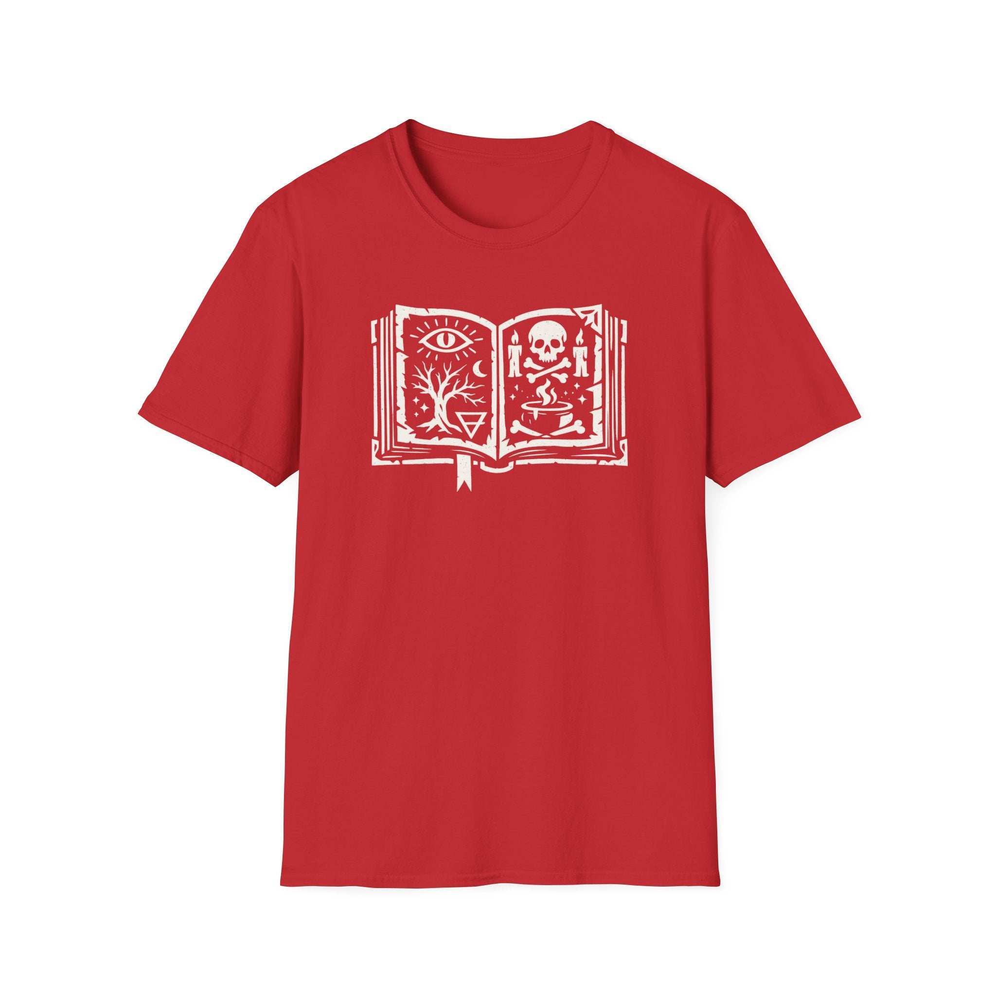 Spellbook Stylized Graphic T-Shirt - Vintage Witchbook Tee (Eye, Skull & Symbols)